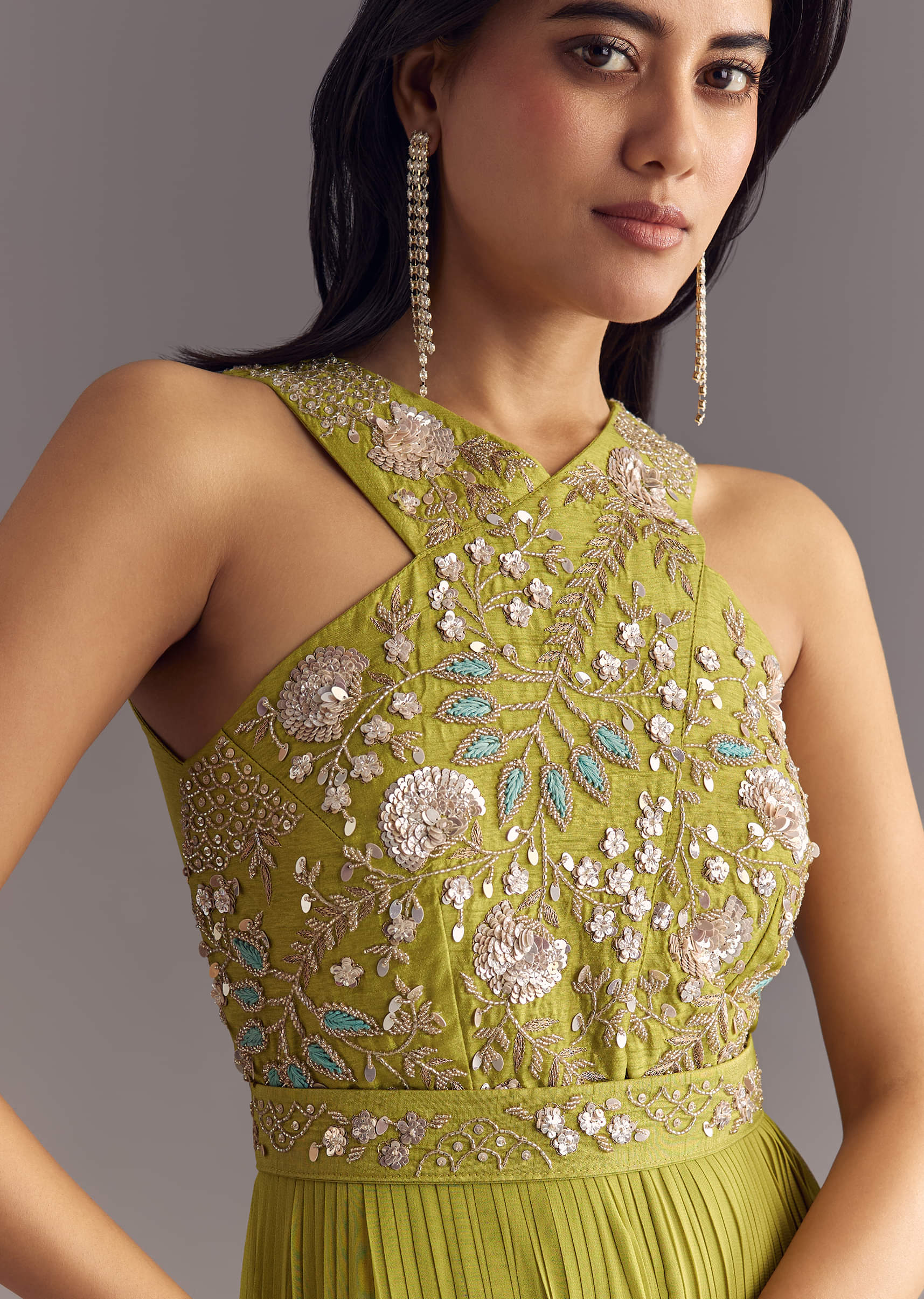 Citrus Green Georgette Jumpsuit With Embroidered Belt - Image 4