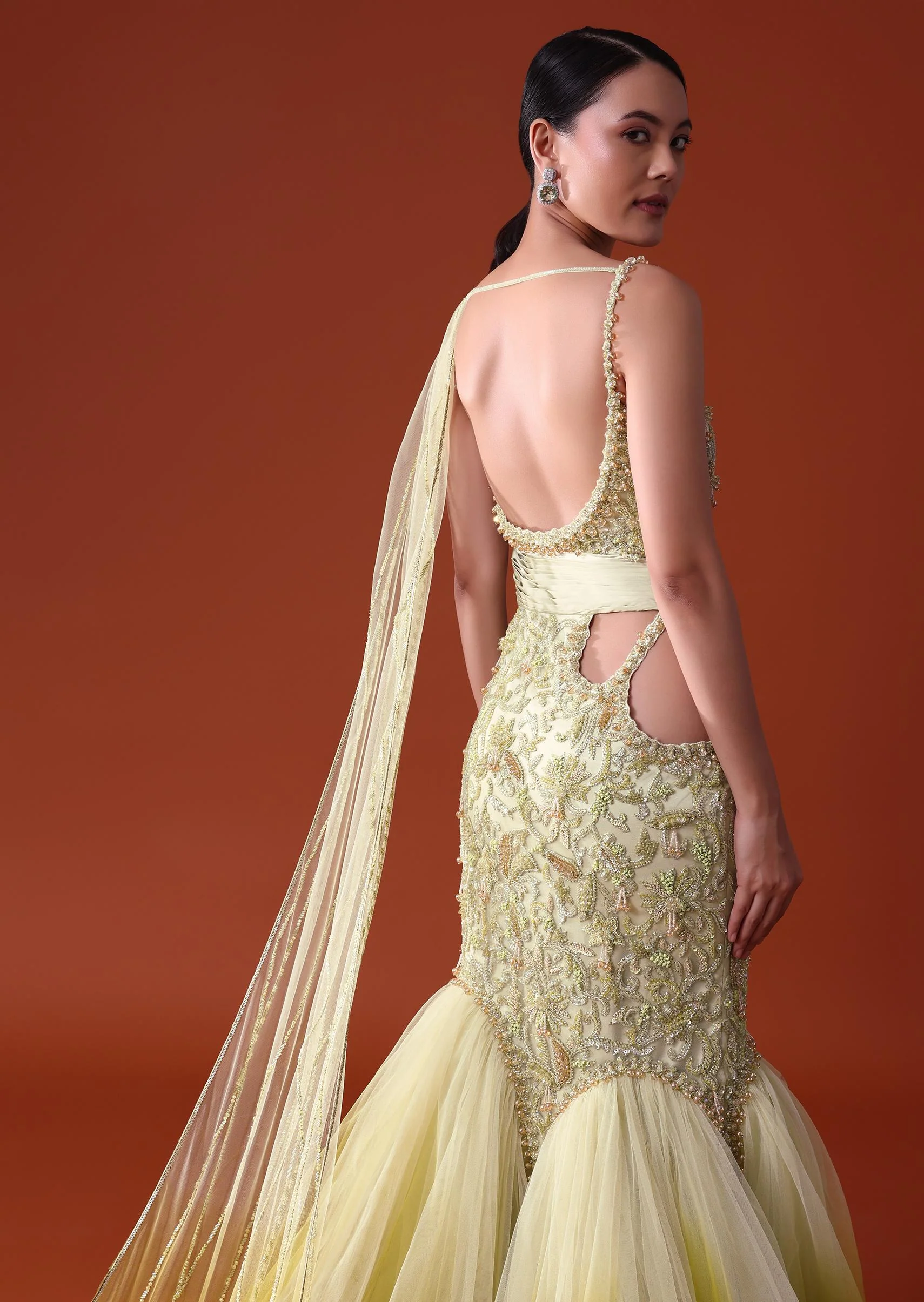 Citrus Green Ombre Fishcut Zardozi Gown Saree - Image 5