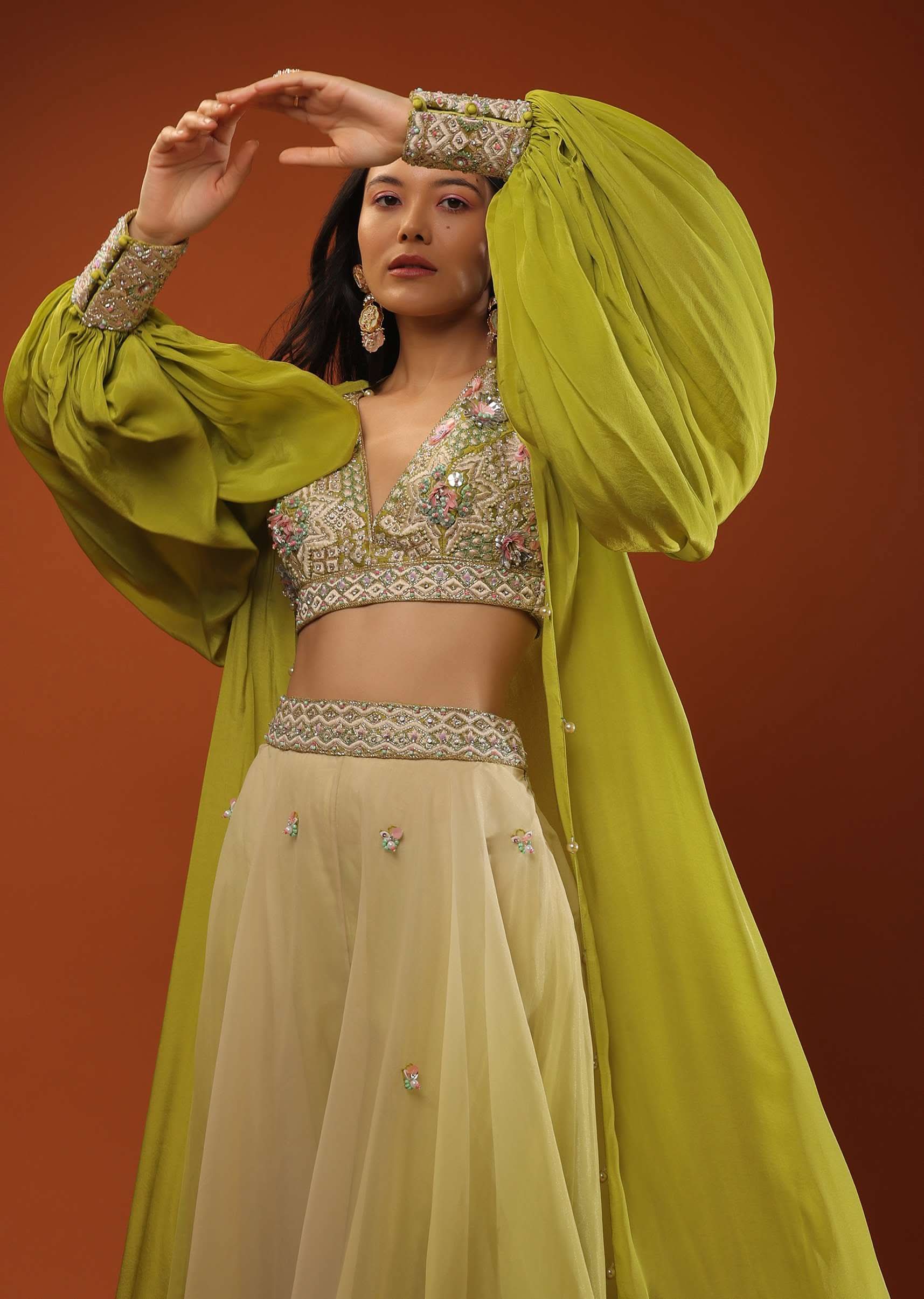 Citrus Green Palazzo Set With A Crop Top In Mirror Work Floral Embroidered Butttis - Image 2