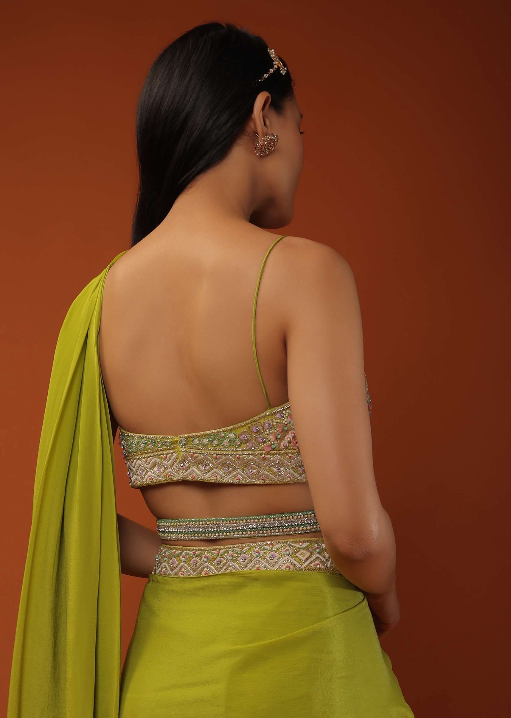 Citrus Green Pre Stitched Crepe Saree with Net Cape and V-Neck Crop Top - Image 5