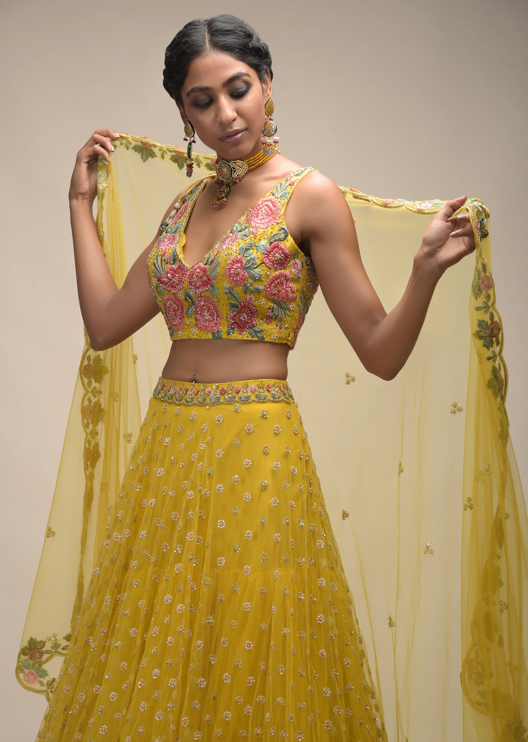 Citrus Lehenga And Crop Top With Resham Embroidered Spring Blossoms - Image 2
