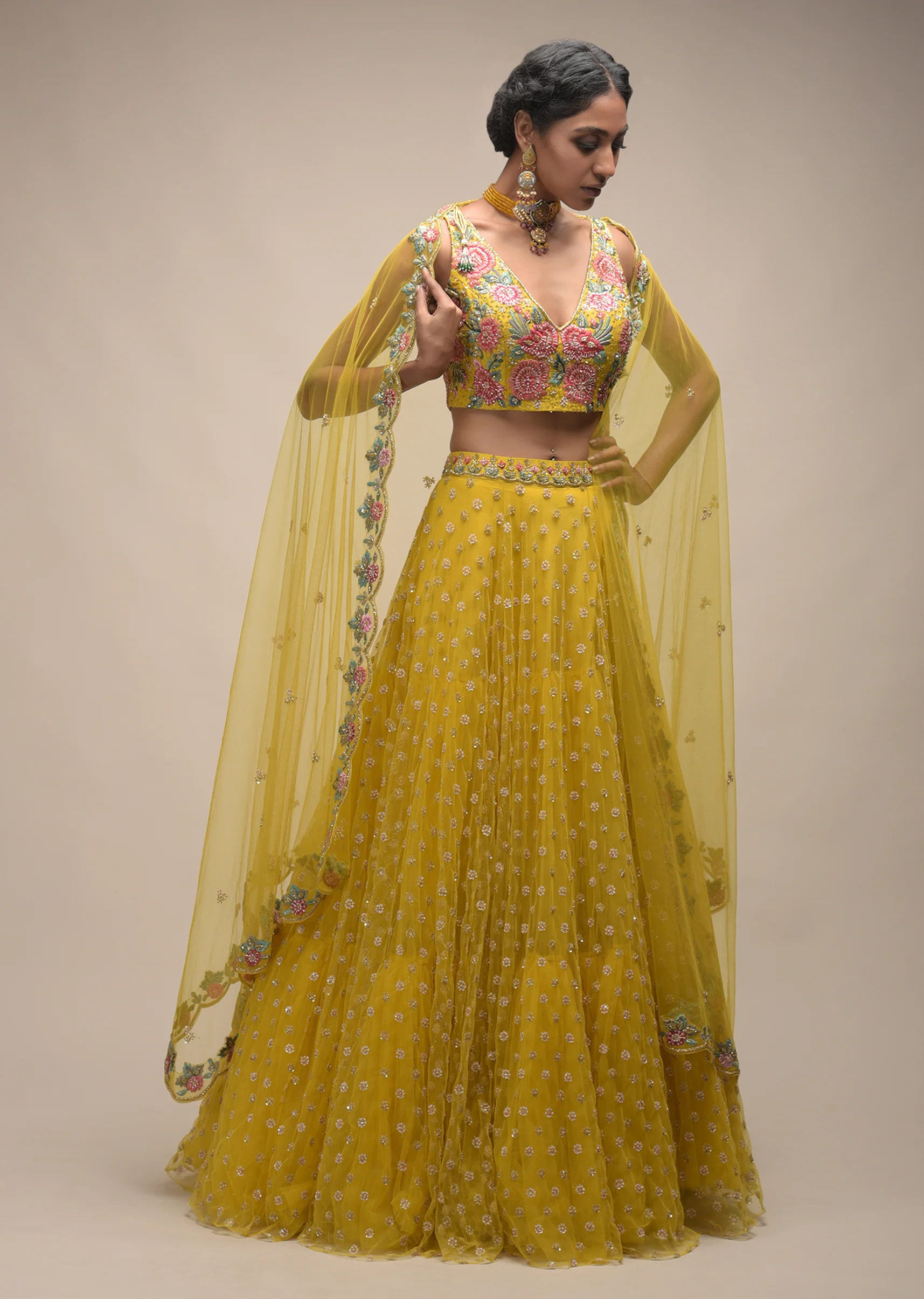 Citrus Lehenga And Crop Top With Resham Embroidered Spring Blossoms - Image 3