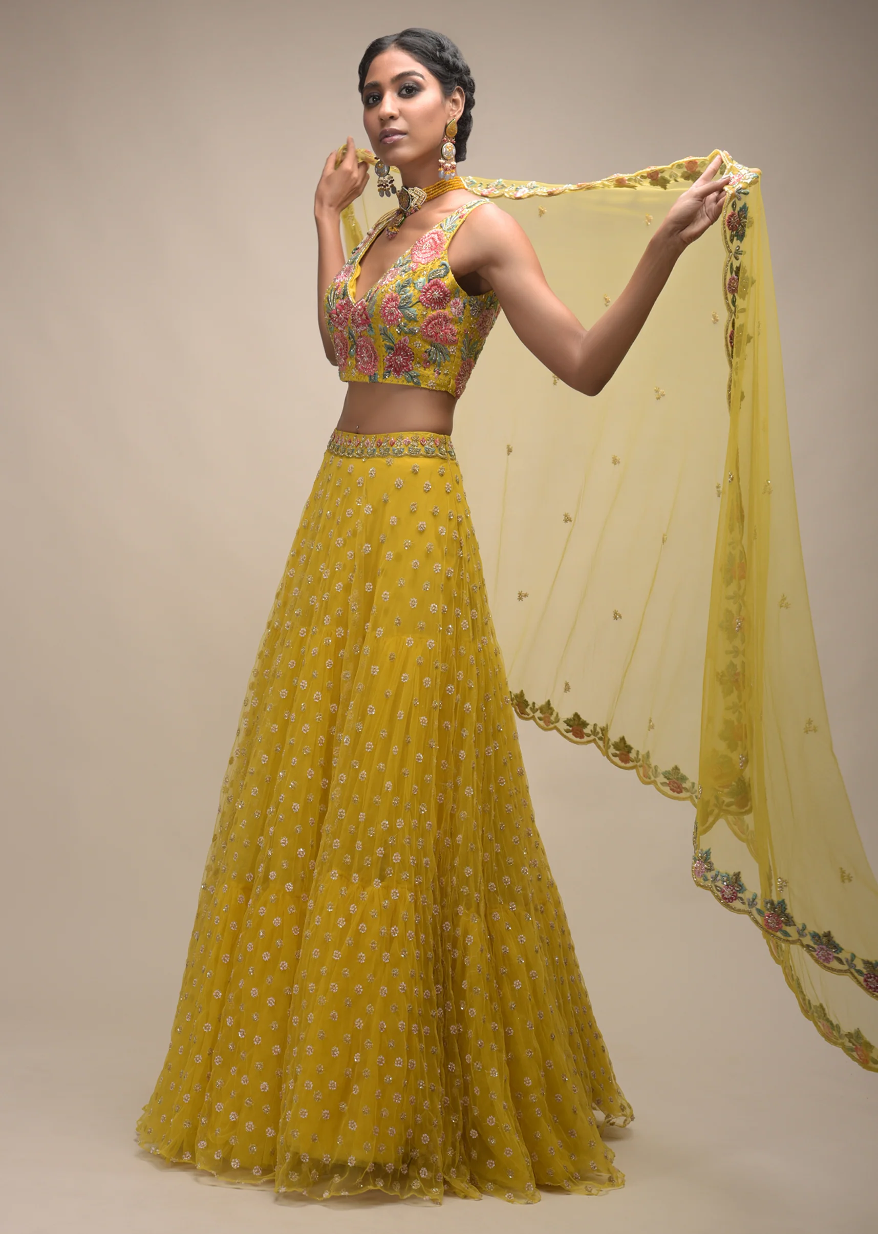 Citrus Lehenga And Crop Top With Resham Embroidered Spring Blossoms - Image 4