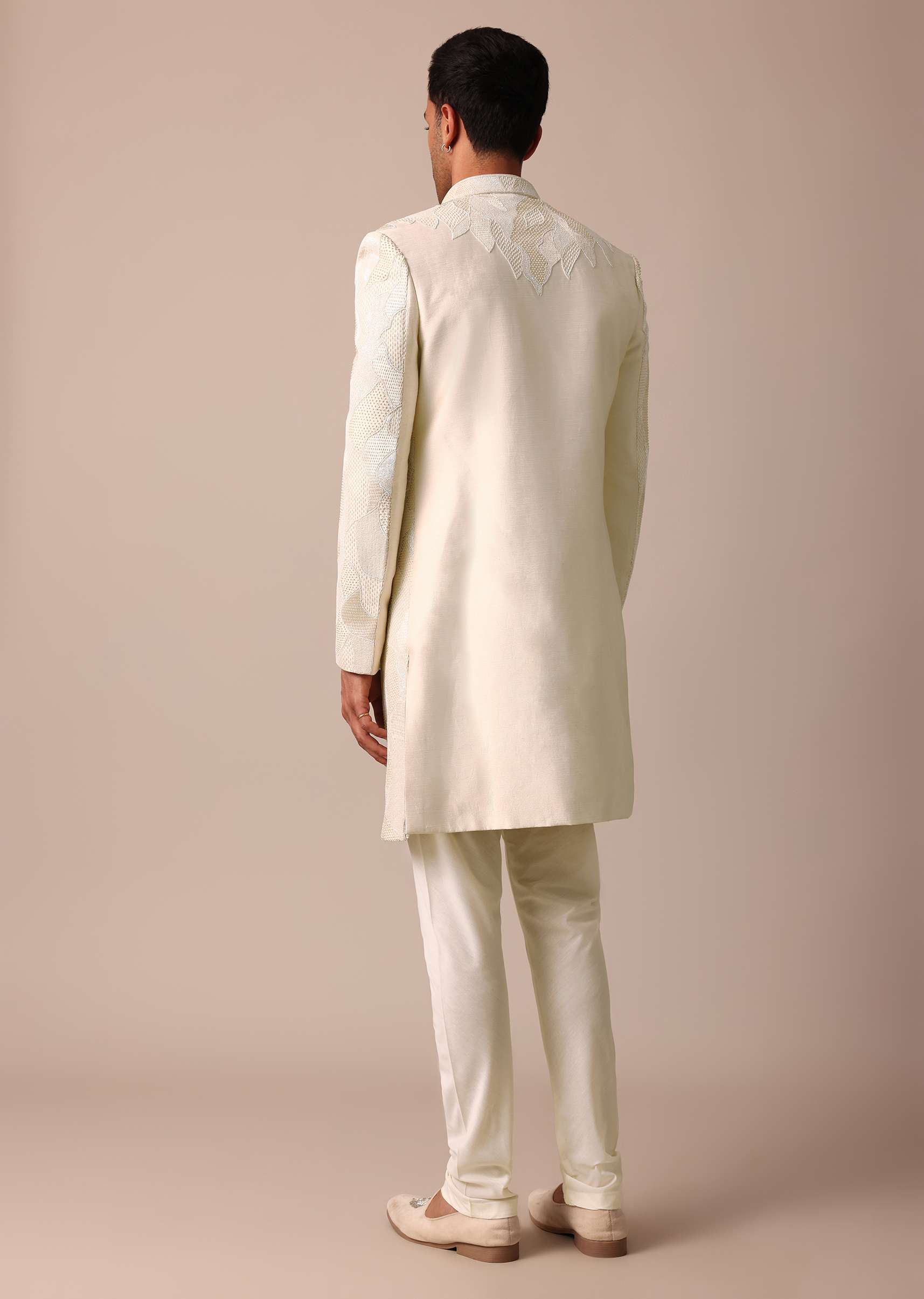 Classic Beige Banarasi Silk Sherwani Set - Image 4