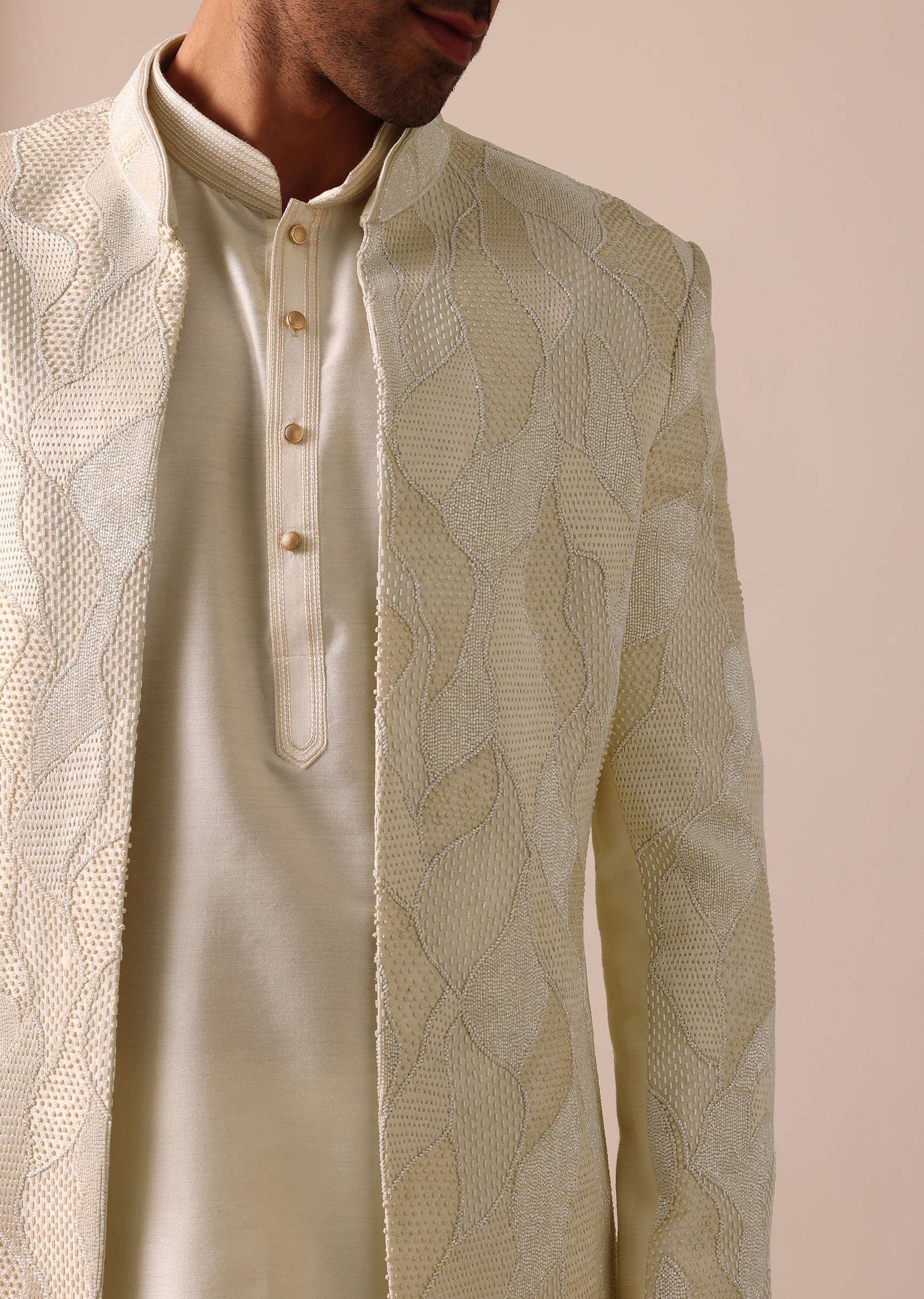 Classic Beige Banarasi Silk Sherwani Set - Image 5