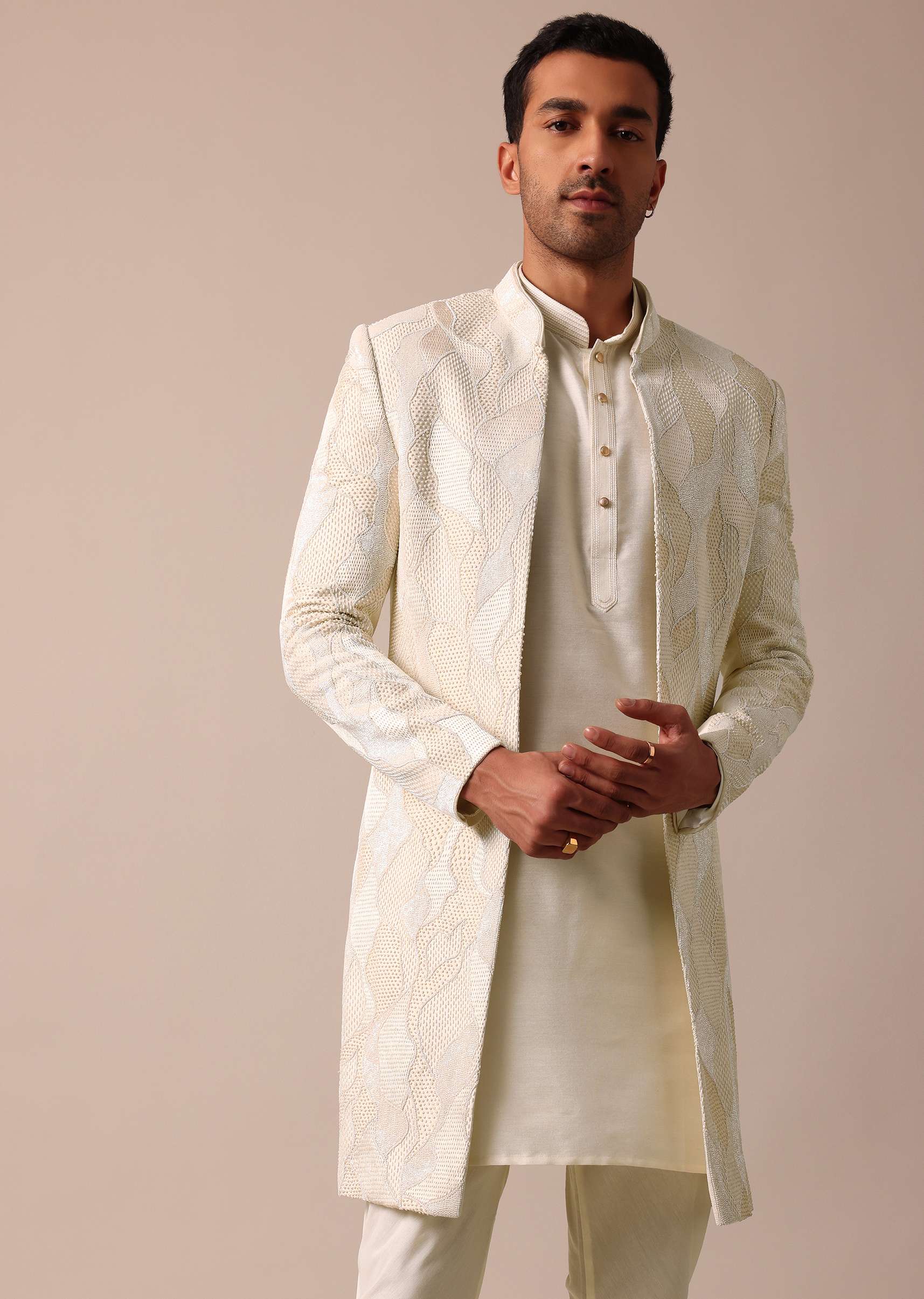 Classic Beige Banarasi Silk Sherwani Set - Image 6
