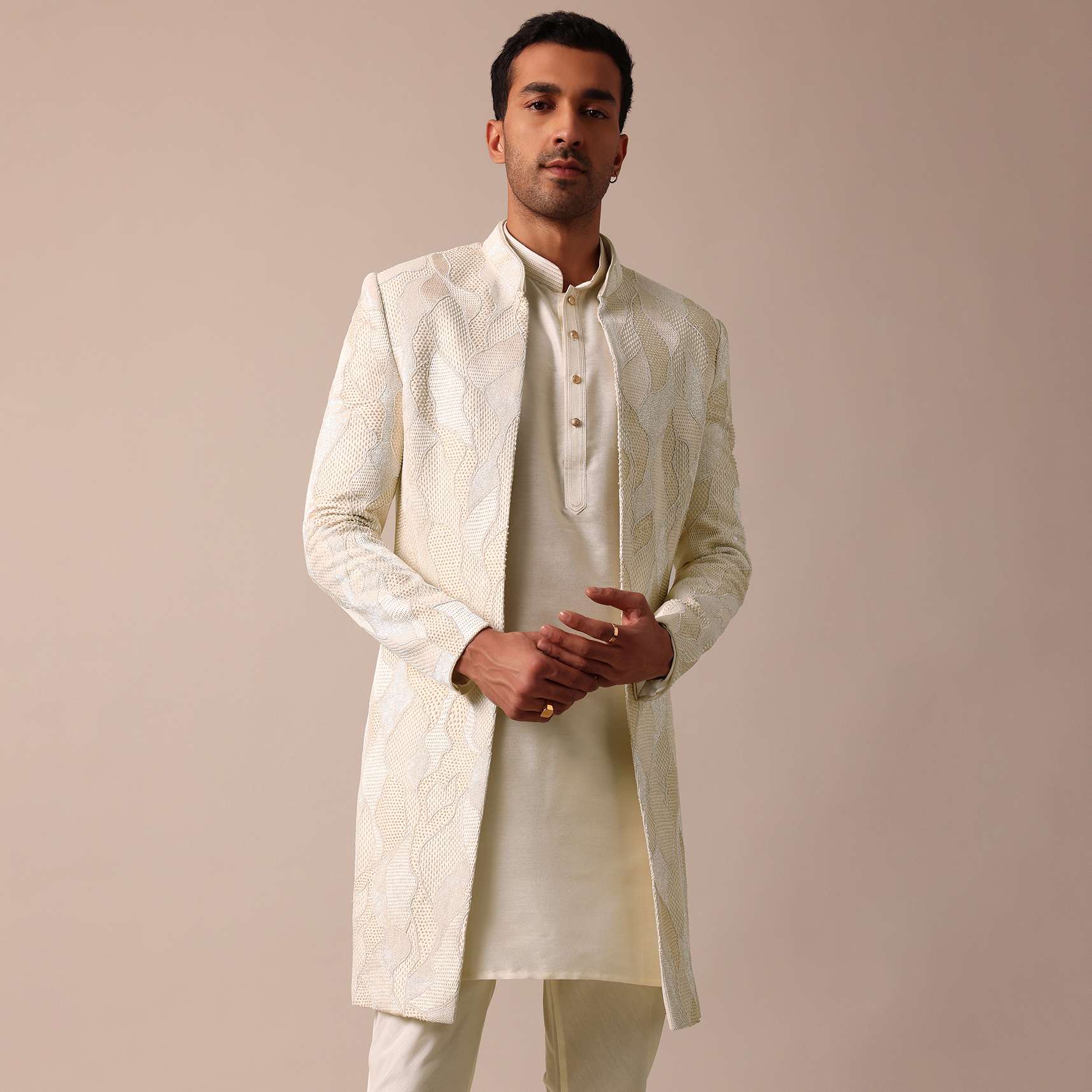 Classic Beige Banarasi Silk Sherwani Set - Image 7