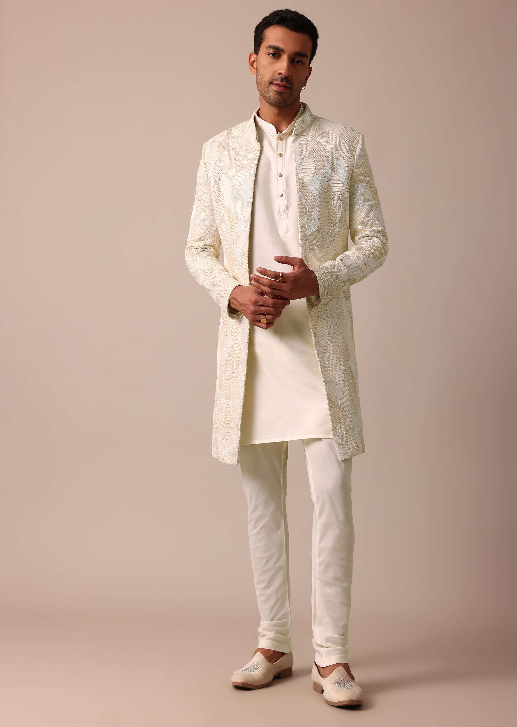 Classic Beige Banarasi Silk Sherwani Set - Image 8