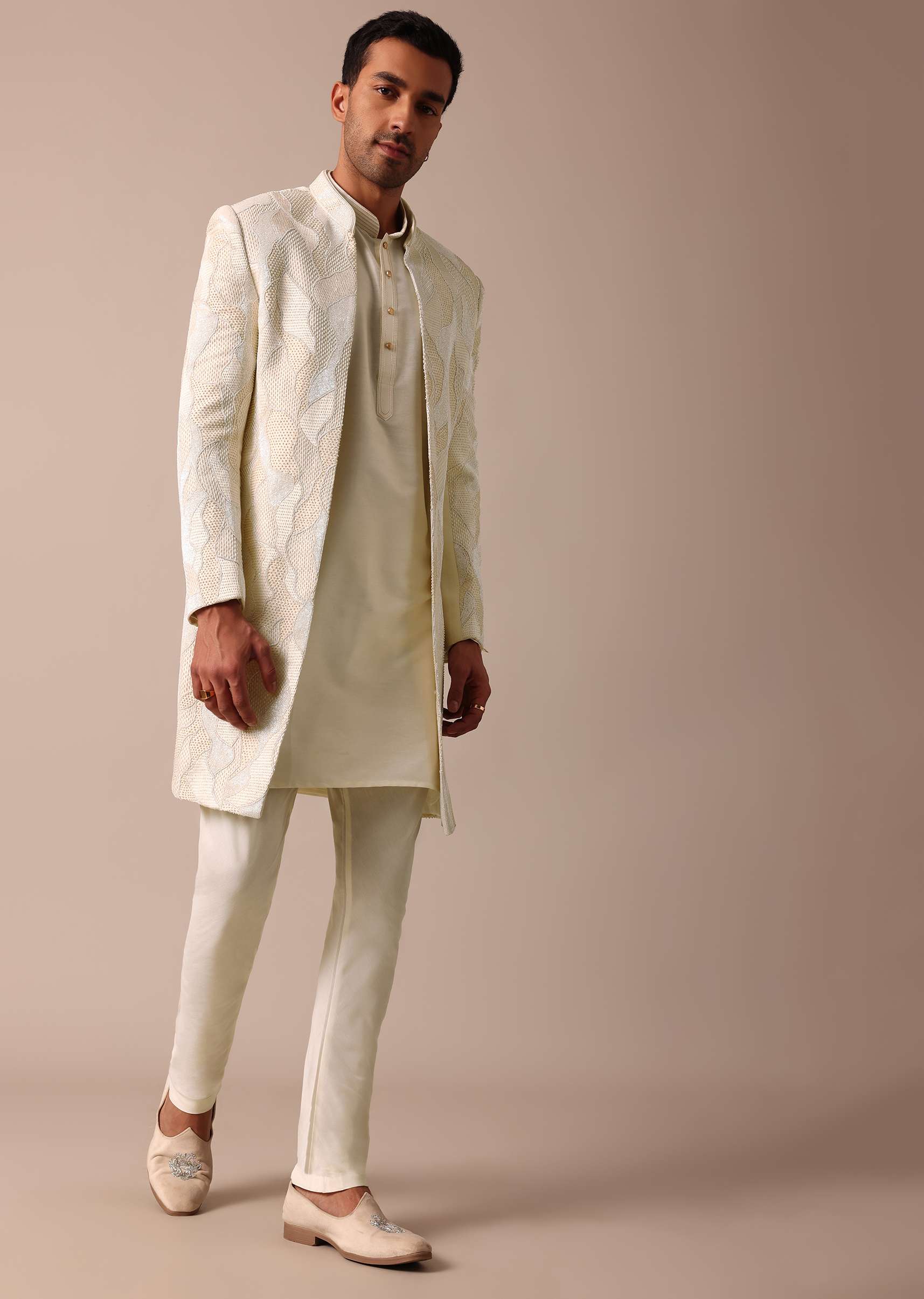 Classic Beige Banarasi Silk Sherwani Set - Image 9