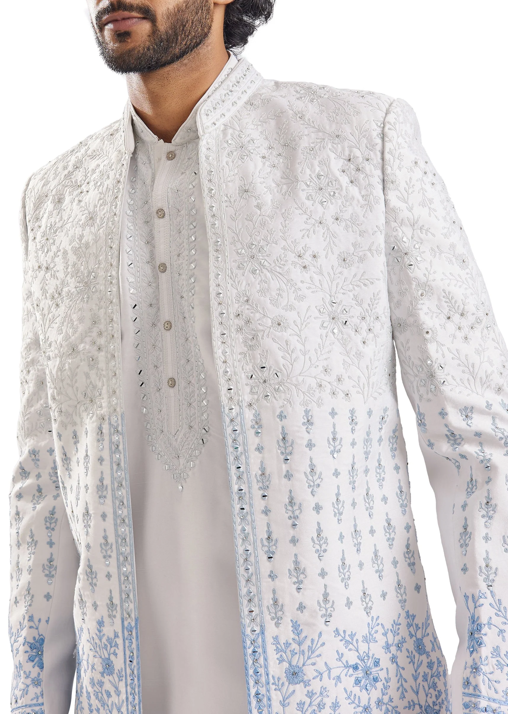 Classic Blue Mirror Work Groomsman Sherwani - Image 5