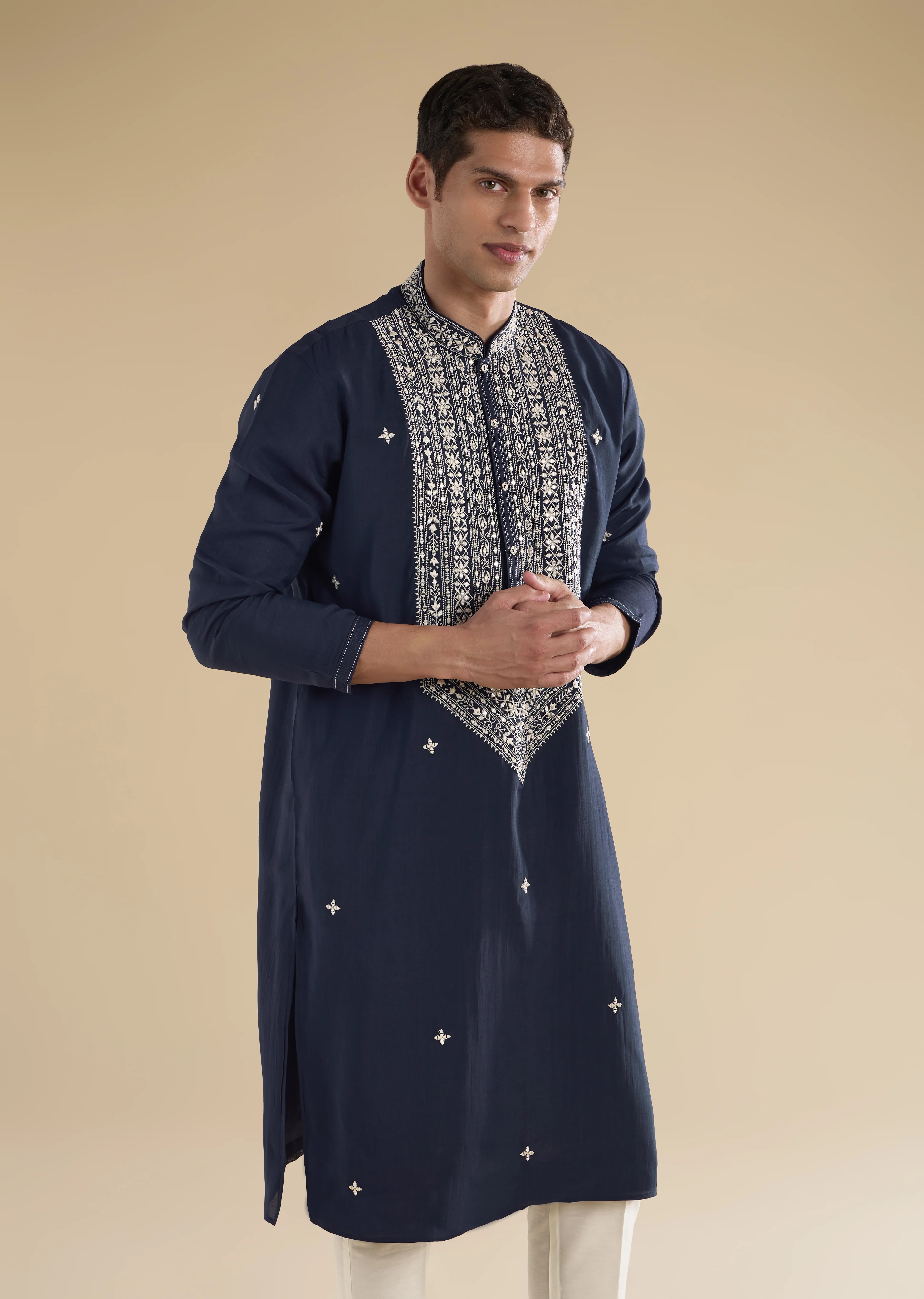 Classic Navy Evening Couple Set – Navy Blue Chinon Sharara Suit with Cutdana and Sequin Embroidery for Her And Navy Blue Classic Kurta Set for Him - Image 10