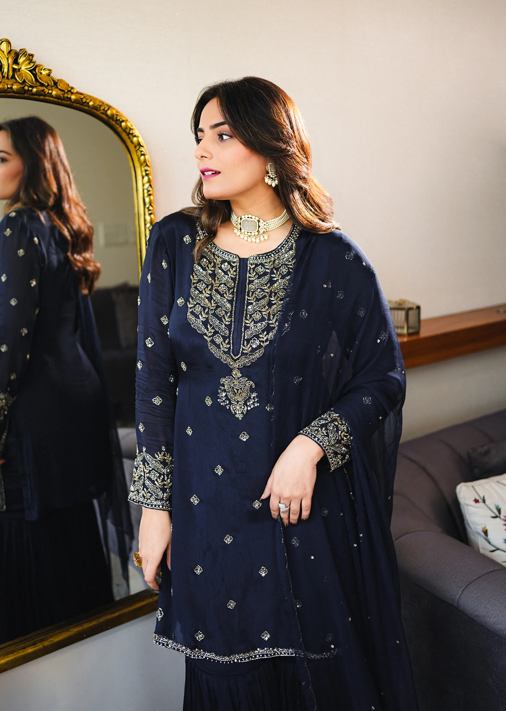 Classic Navy Evening Couple Set – Navy Blue Chinon Sharara Suit with Cutdana and Sequin Embroidery for Her And Navy Blue Classic Kurta Set for Him - Image 4
