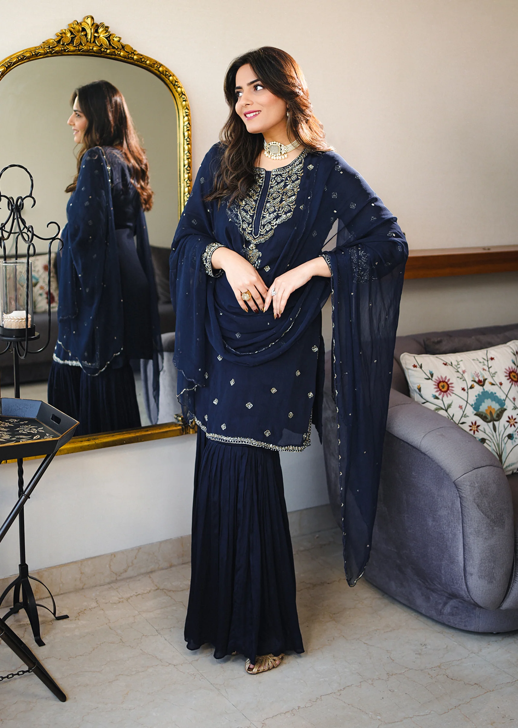 Classic Navy Evening Couple Set – Navy Blue Chinon Sharara Suit with Cutdana and Sequin Embroidery for Her And Navy Blue Classic Kurta Set for Him - Image 5