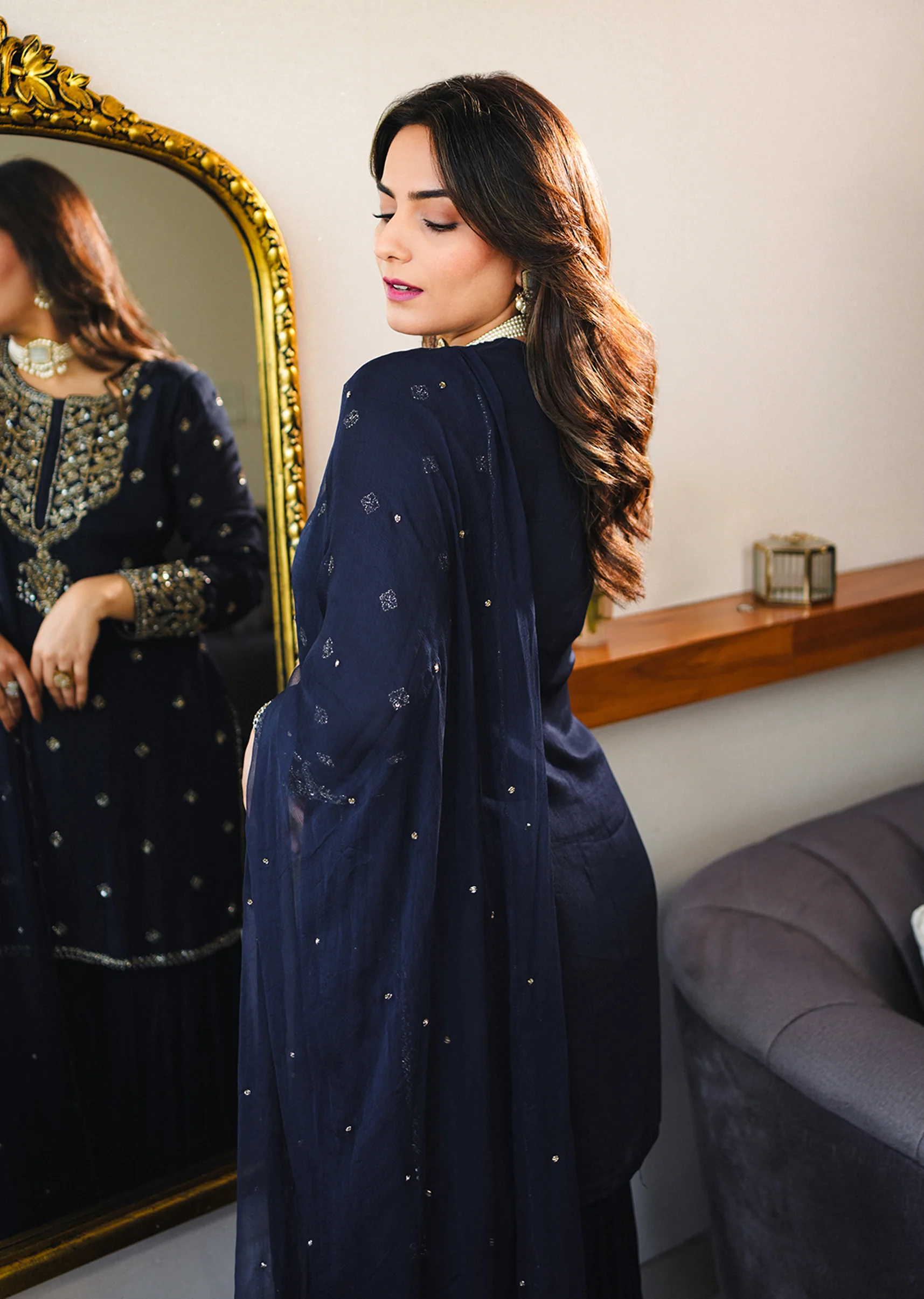 Classic Navy Evening Couple Set – Navy Blue Chinon Sharara Suit with Cutdana and Sequin Embroidery for Her And Navy Blue Classic Kurta Set for Him - Image 6