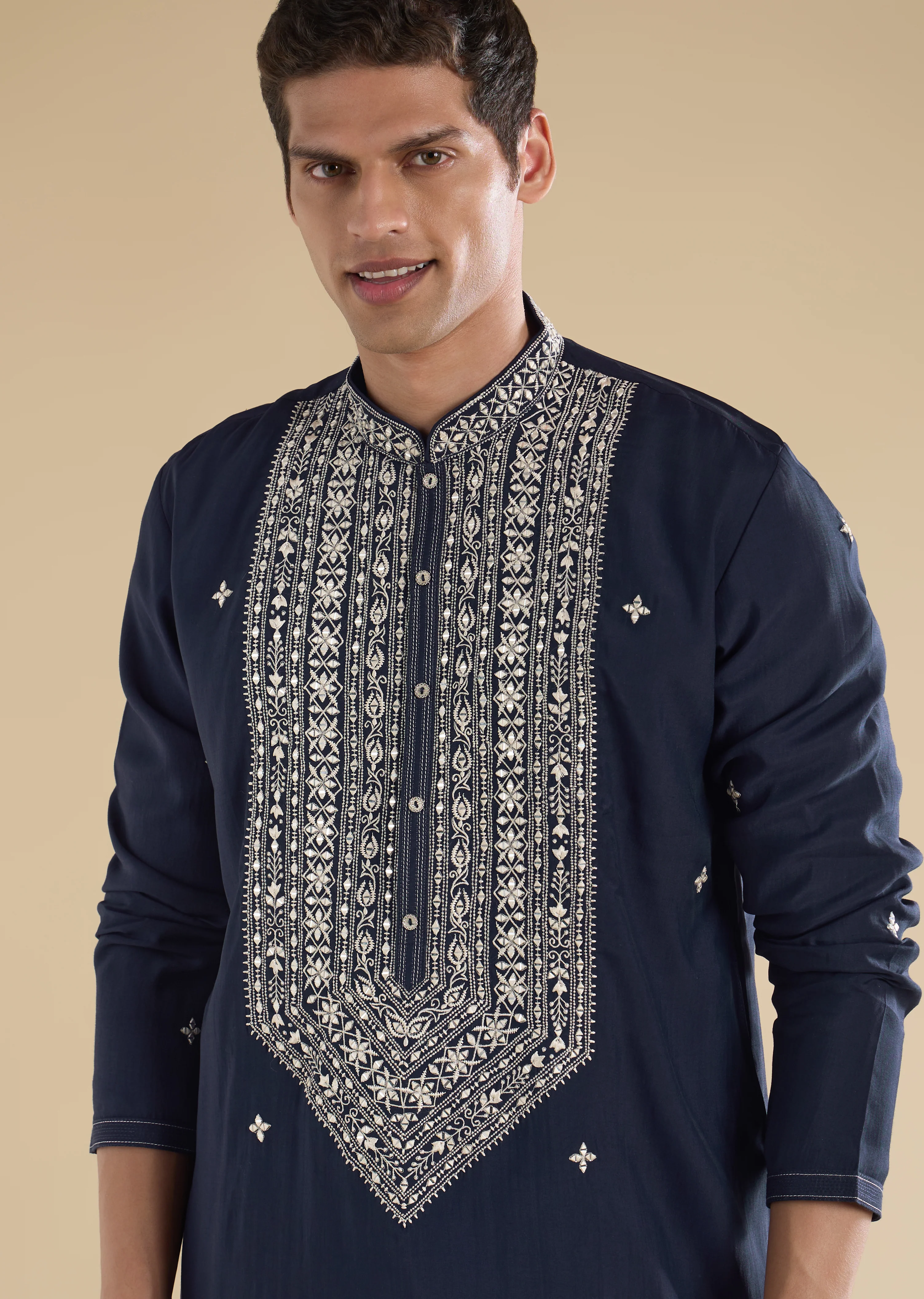 Classic Navy Evening Couple Set – Navy Blue Chinon Sharara Suit with Cutdana and Sequin Embroidery for Her And Navy Blue Classic Kurta Set for Him - Image 8