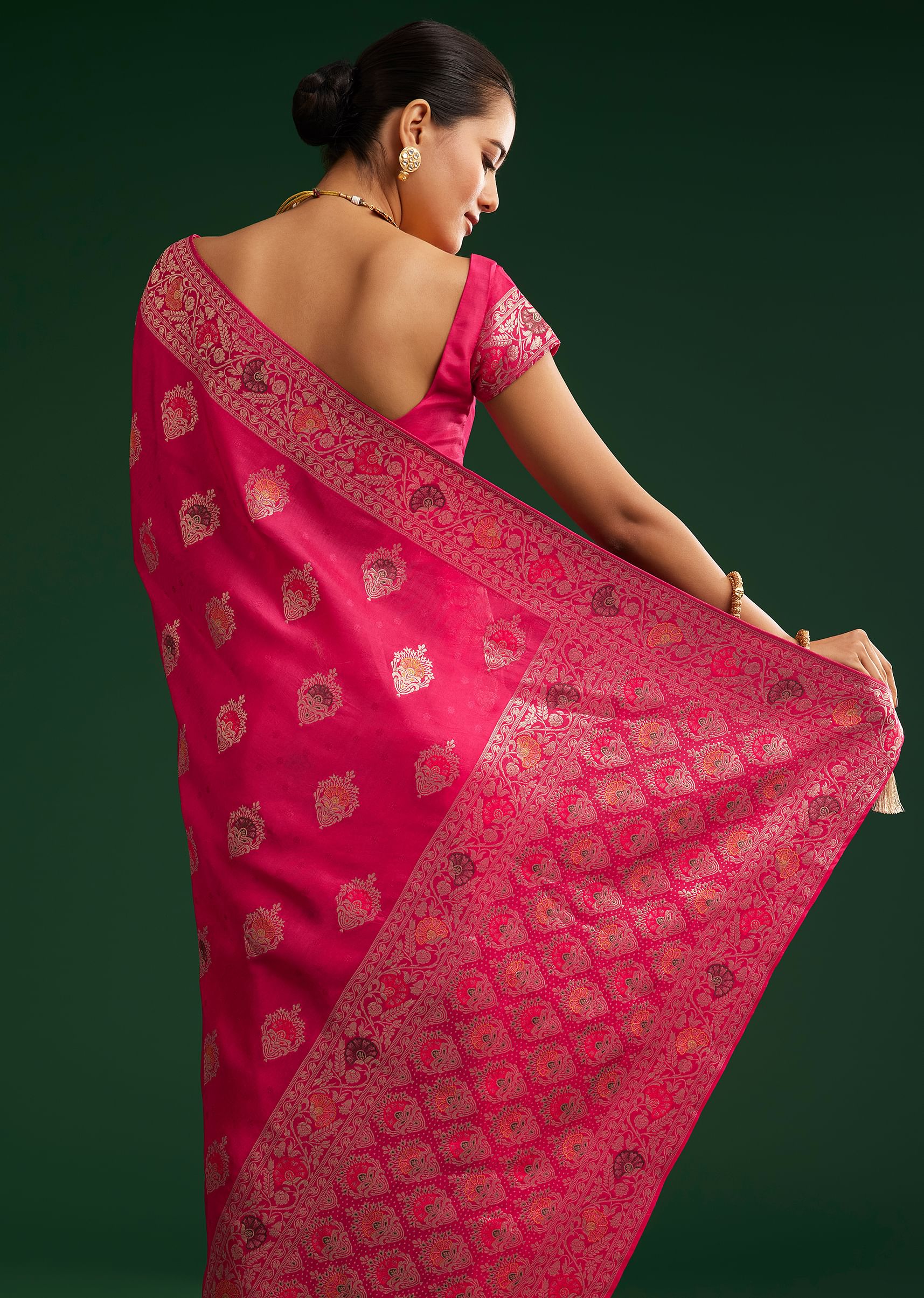 Classic Rani Pink Dola Silk Saree With Zari Detailing - Image 4