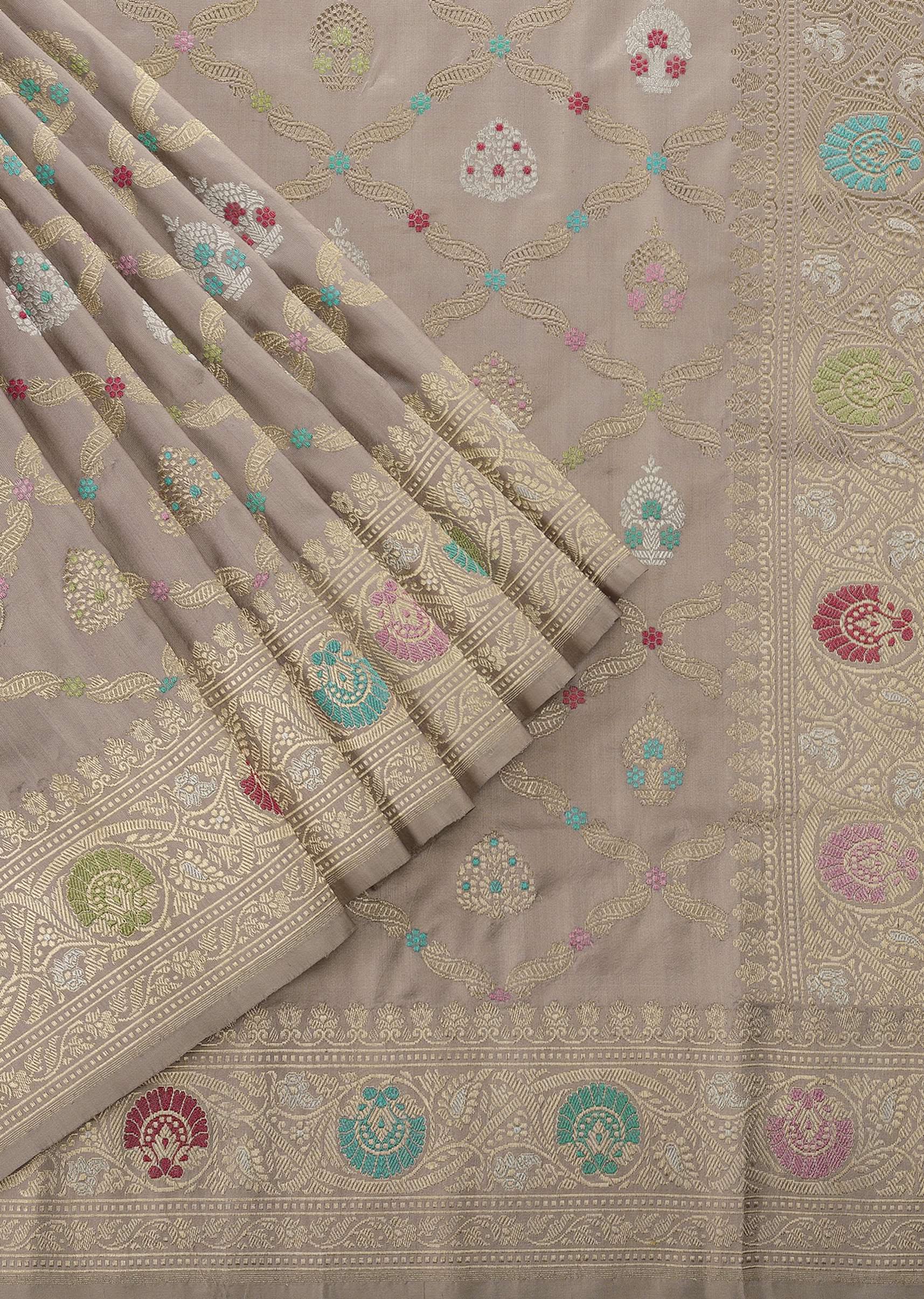 Cloud Grey Handloom Banarasi Saree In Katan Silk With 3-Gram Real Zari Weave And Unstitched Blouse - Image 3