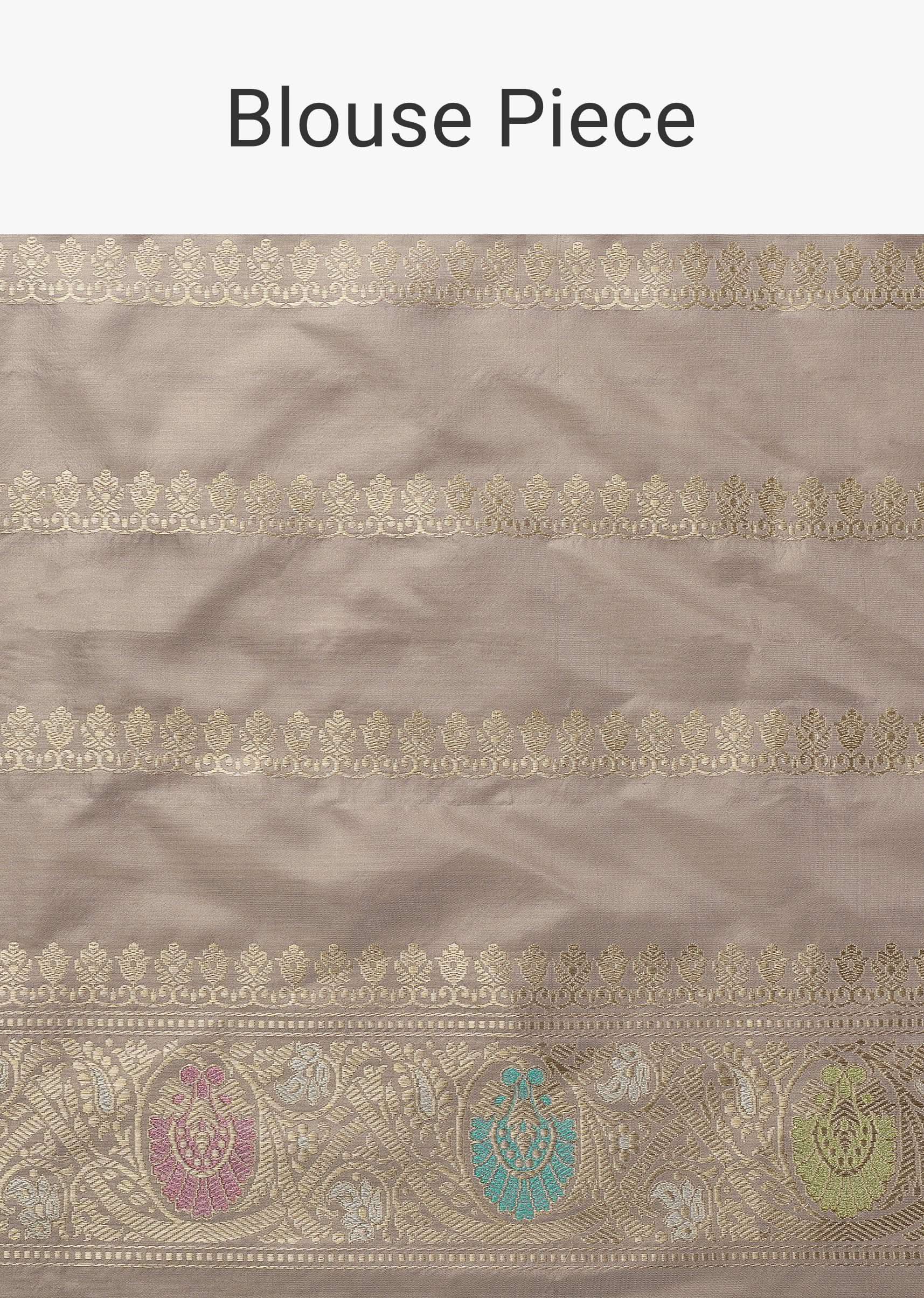 Cloud Grey Handloom Banarasi Saree In Katan Silk With 3-Gram Real Zari Weave And Unstitched Blouse - Image 5