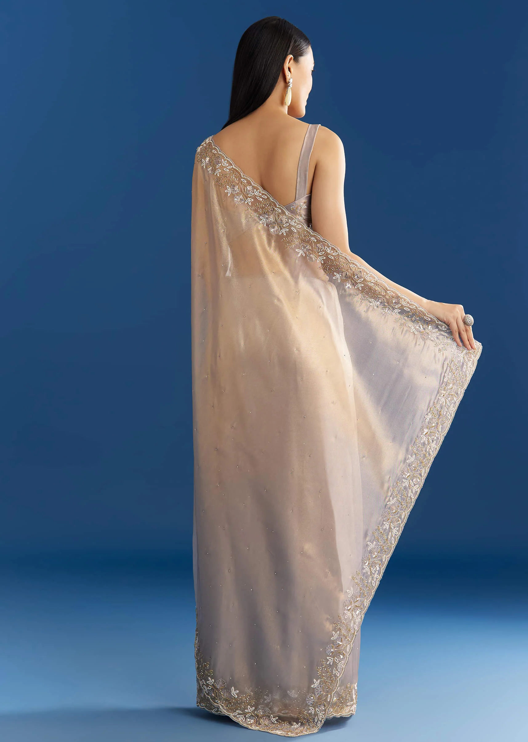 Cloud Grey Organza Tissue Saree With Embellished Border - Image 6