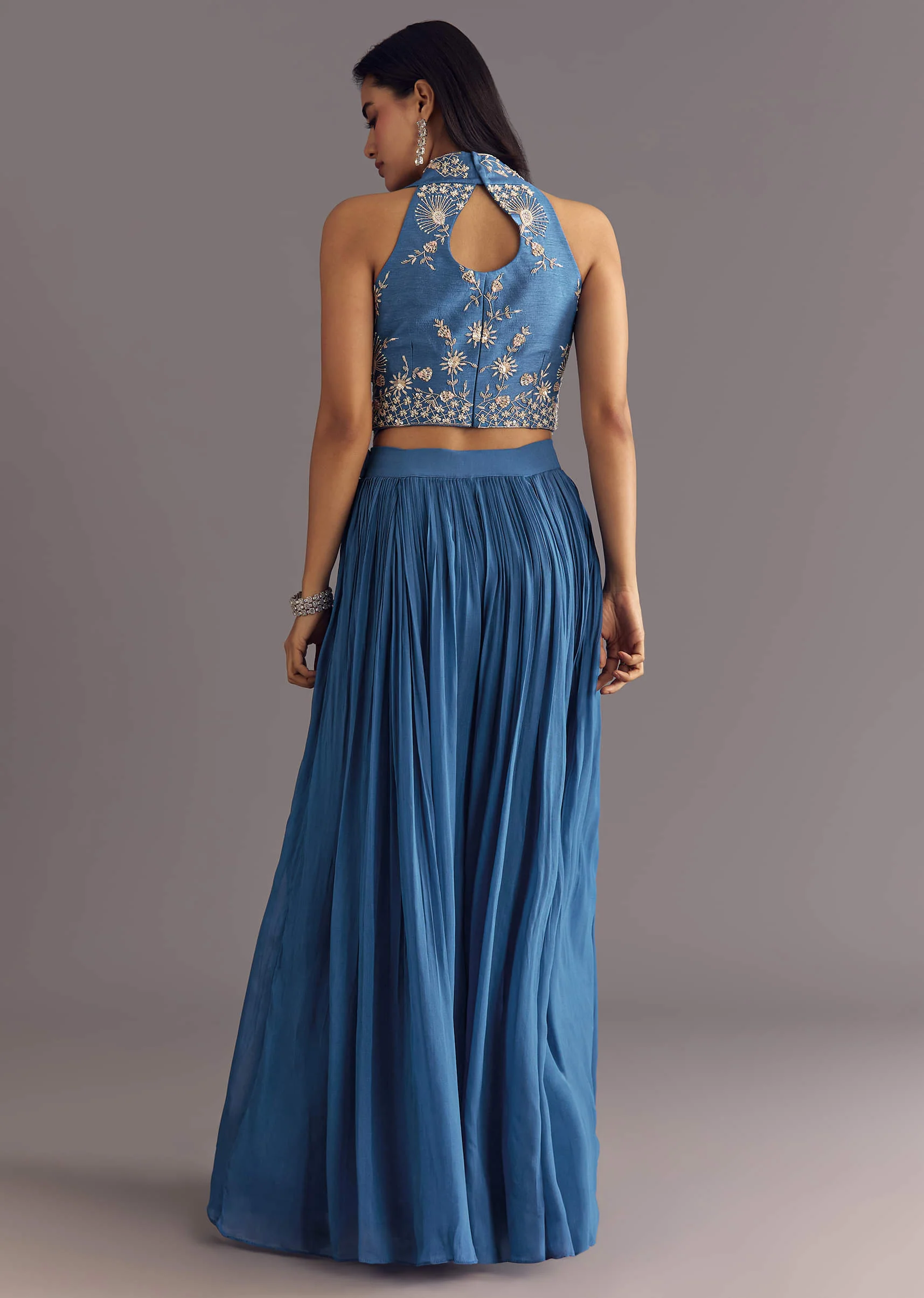 Cobalt Blue Georgette Croptop Palazzo Suit With Embroidery - Image 5