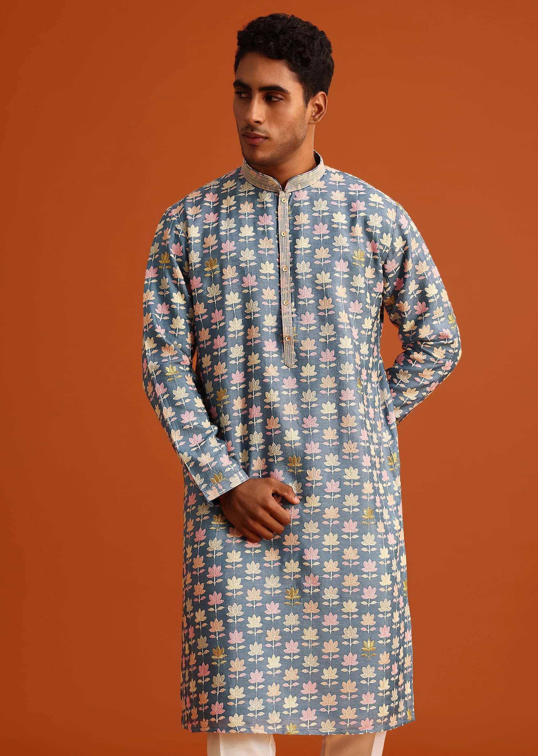 Cobalt Blue Printed Silk Kurta And Pant Set - Image 4
