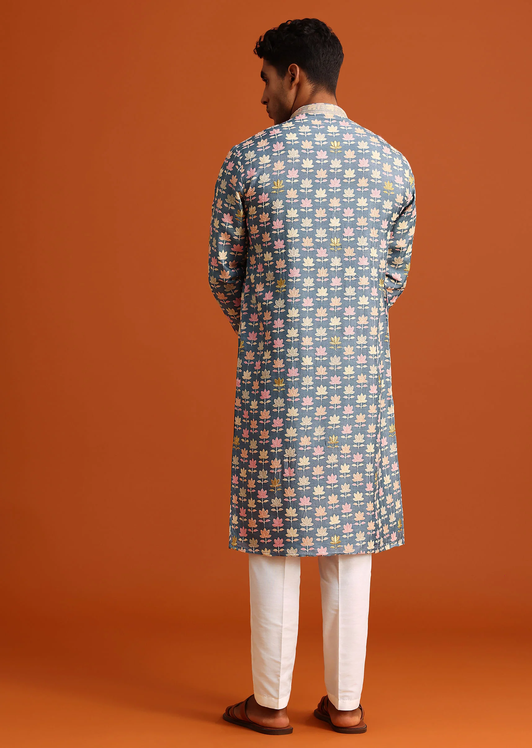 Cobalt Blue Printed Silk Kurta And Pant Set - Image 5