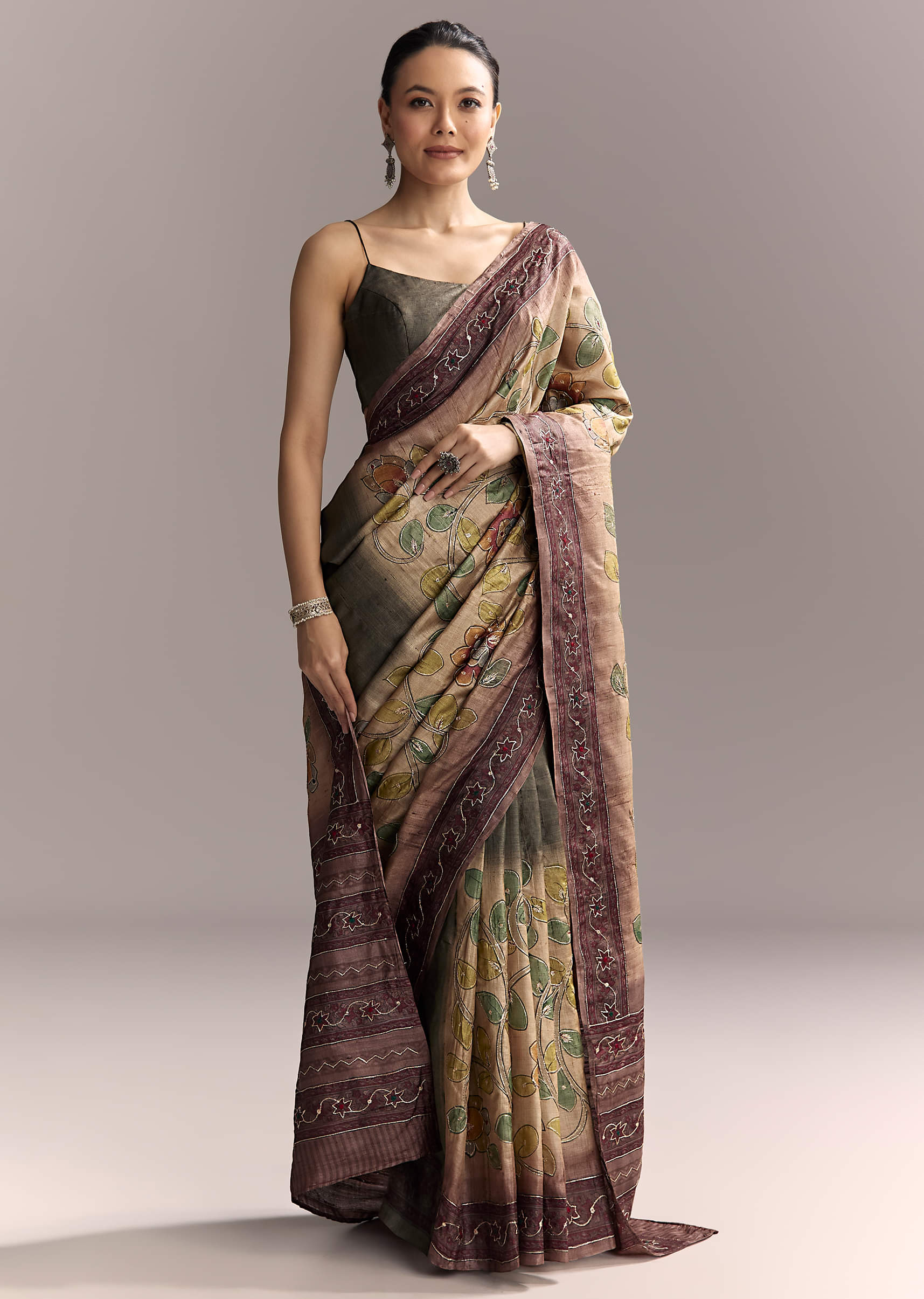 Coffee Brown Cotton Hand Painted Saree With Contrast Border - Image 3
