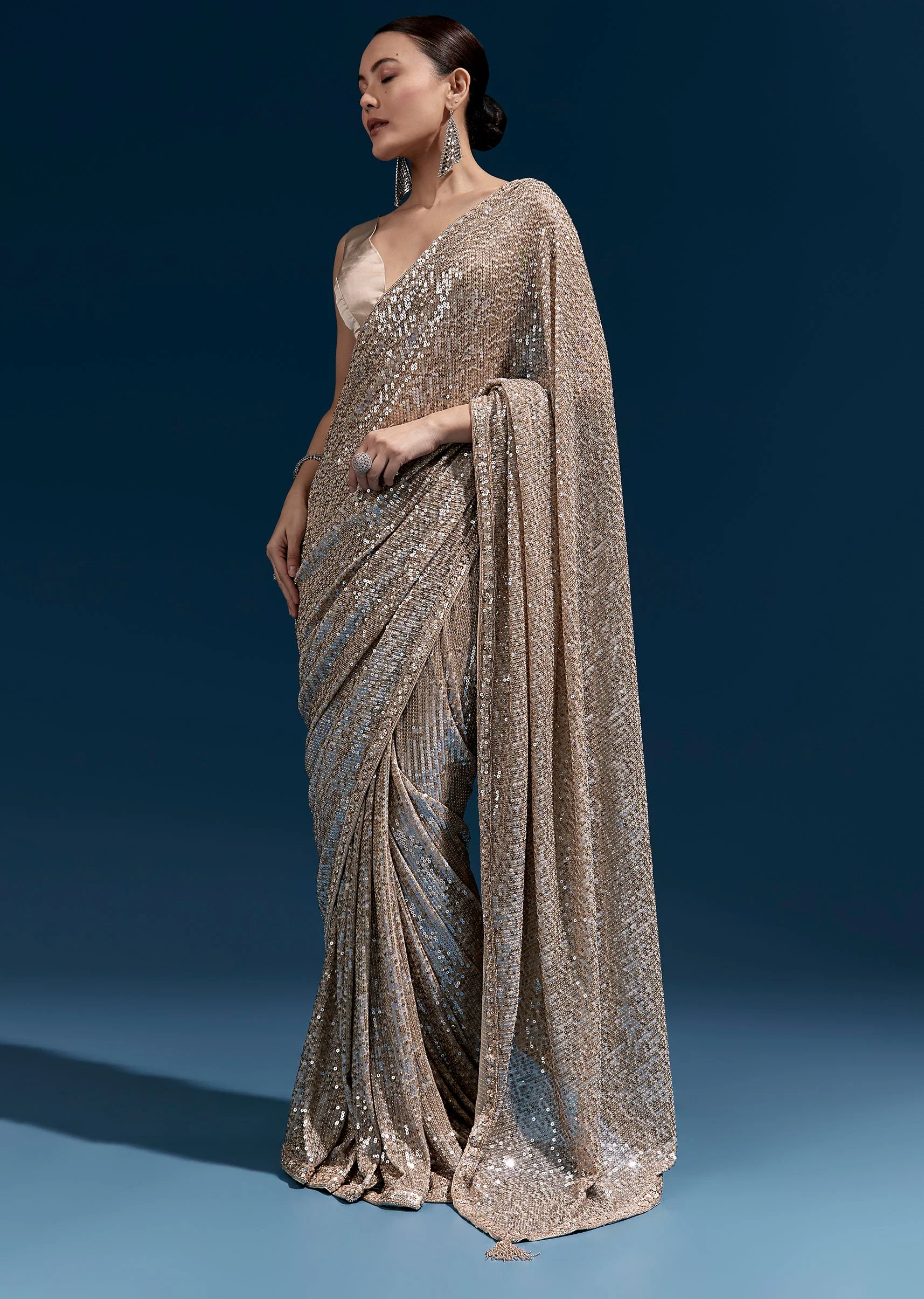 Coffee Brown Net Sequin Saree With Linear All Over Work And Hand Embroidered Floral Border - Image 3