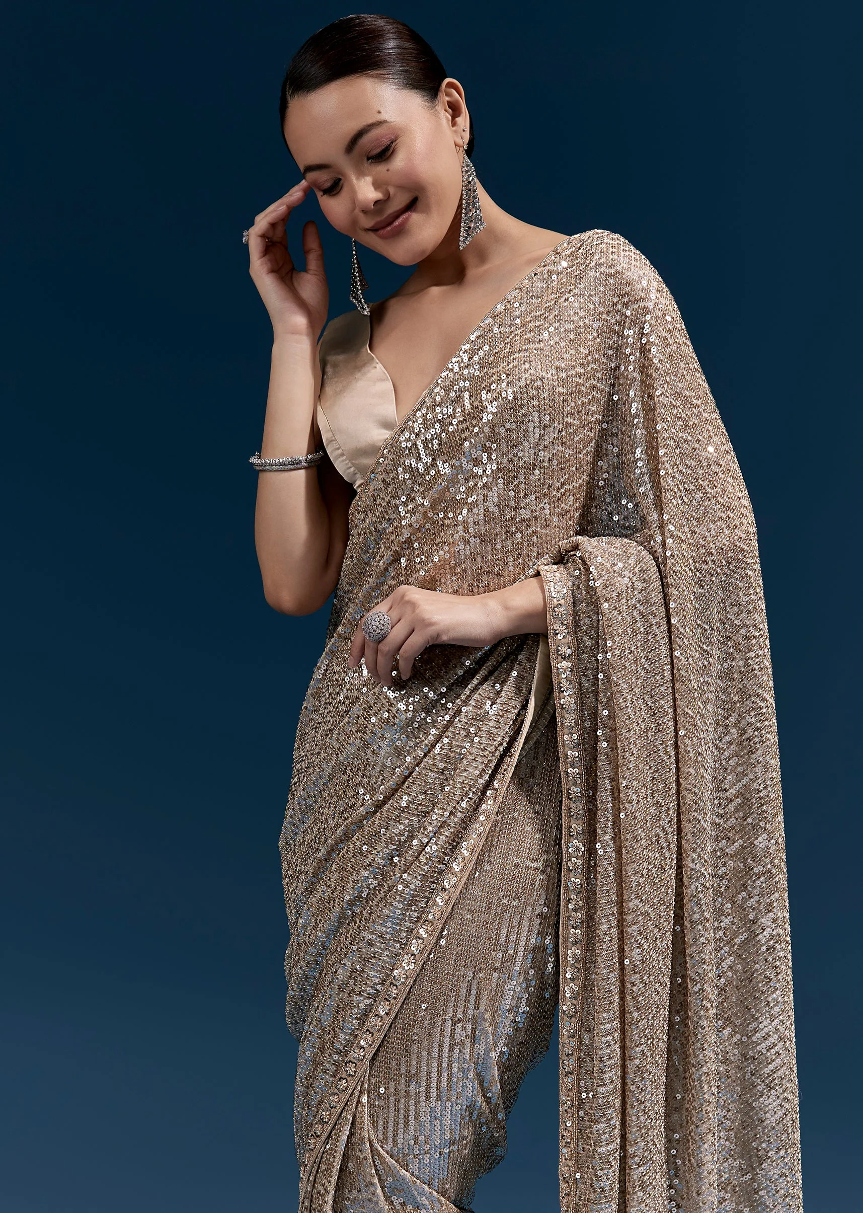 Coffee Brown Net Sequin Saree With Linear All Over Work And Hand Embroidered Floral Border - Image 5