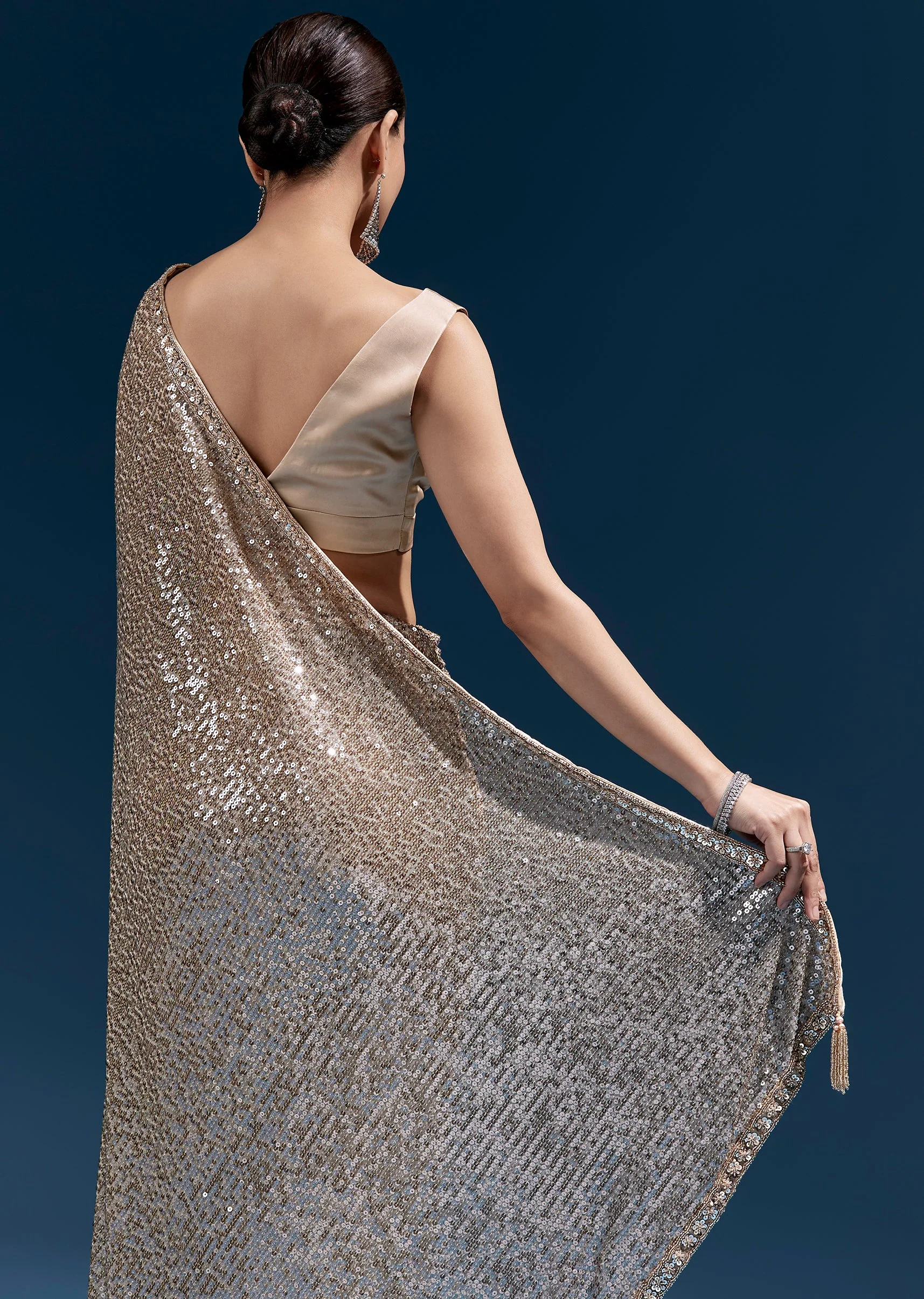 Coffee Brown Net Sequin Saree With Linear All Over Work And Hand Embroidered Floral Border - Image 6