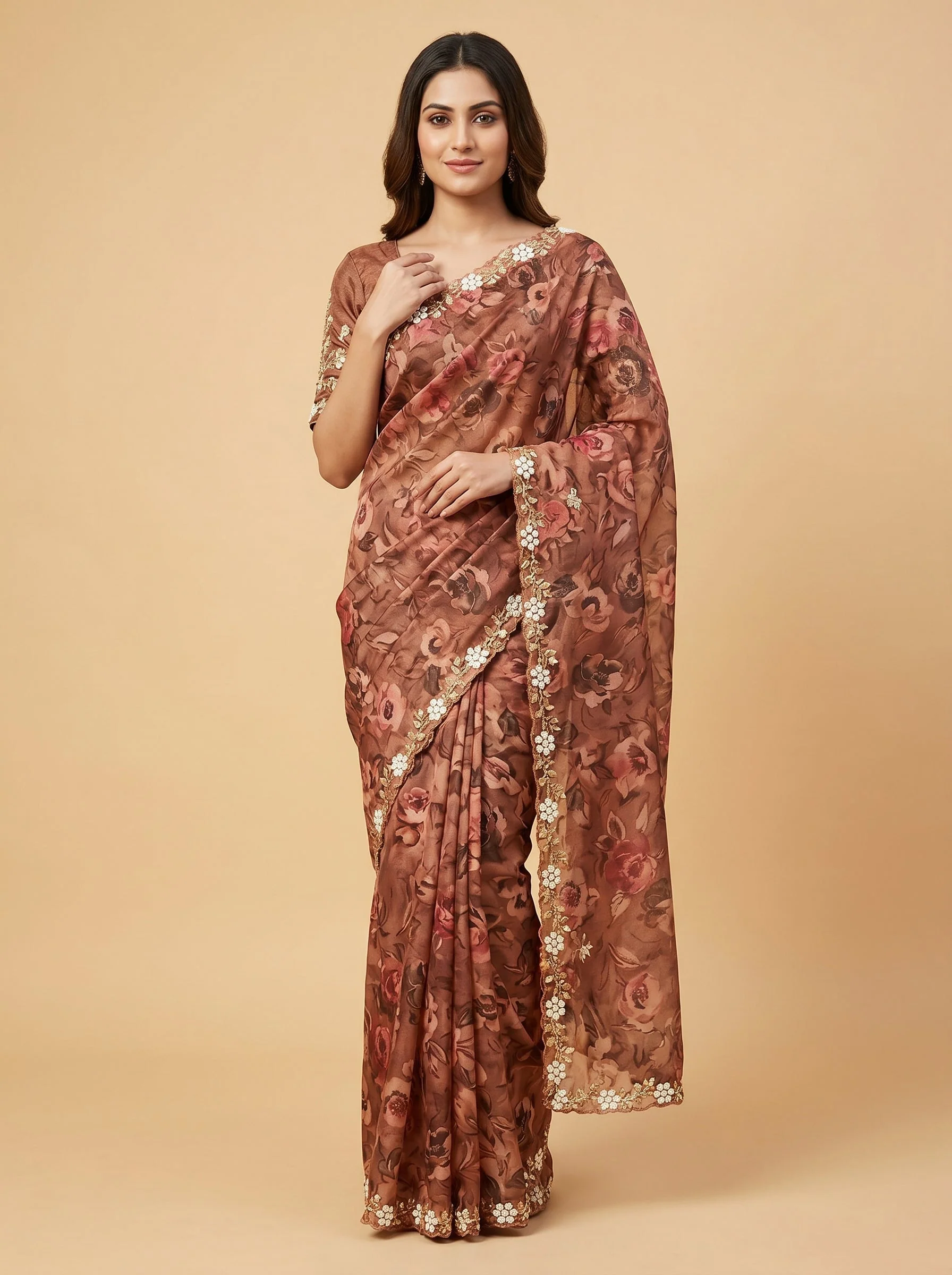 Coffee Deep Tone Embroidered Saree