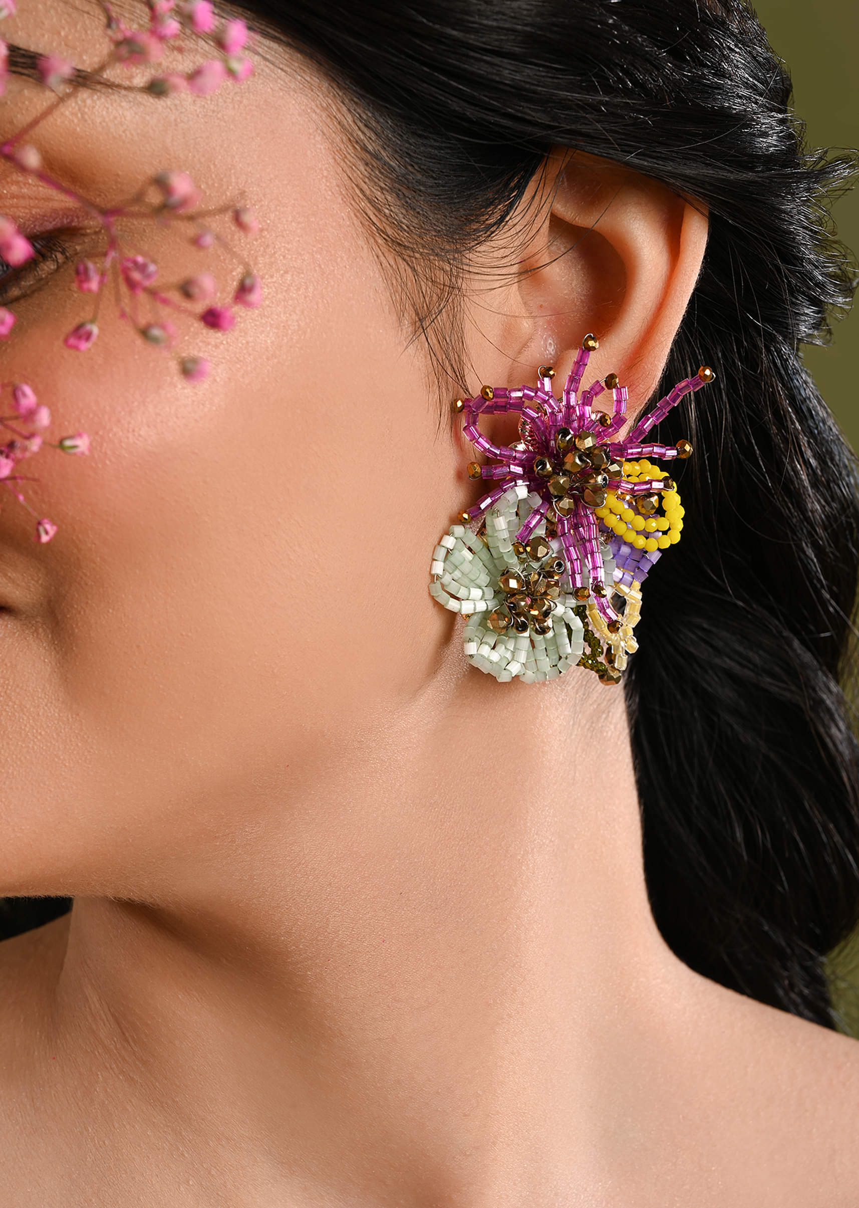 Colourful Crystal Beaded Flower Abstart Big Studs