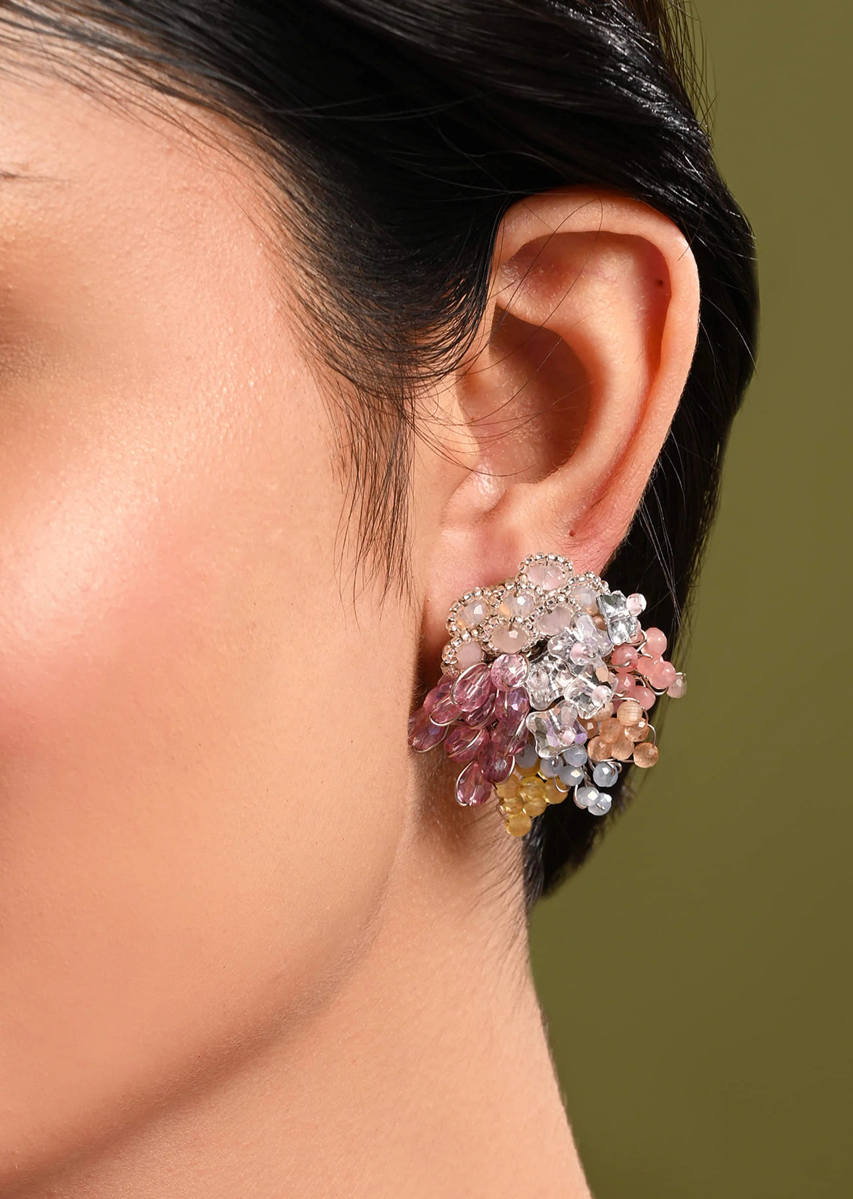 Colourful Crystal Button Earrings For Haldi Mehendi Wedding