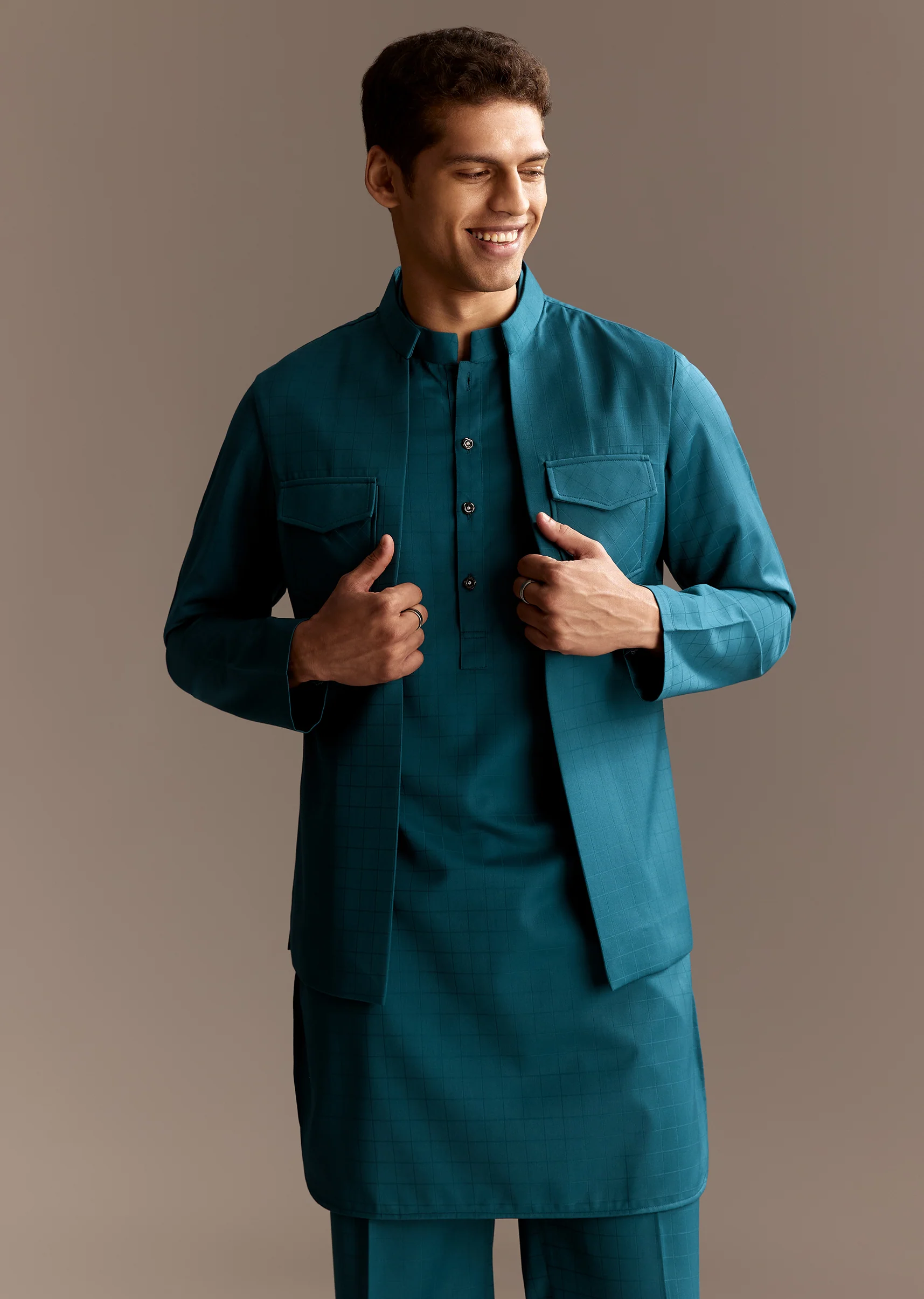 Contemporary Blue Festive Couple Set – Blue Ombre Silk Coord Set For Her And Blue Kurta Jacket Set For Him - Image 8
