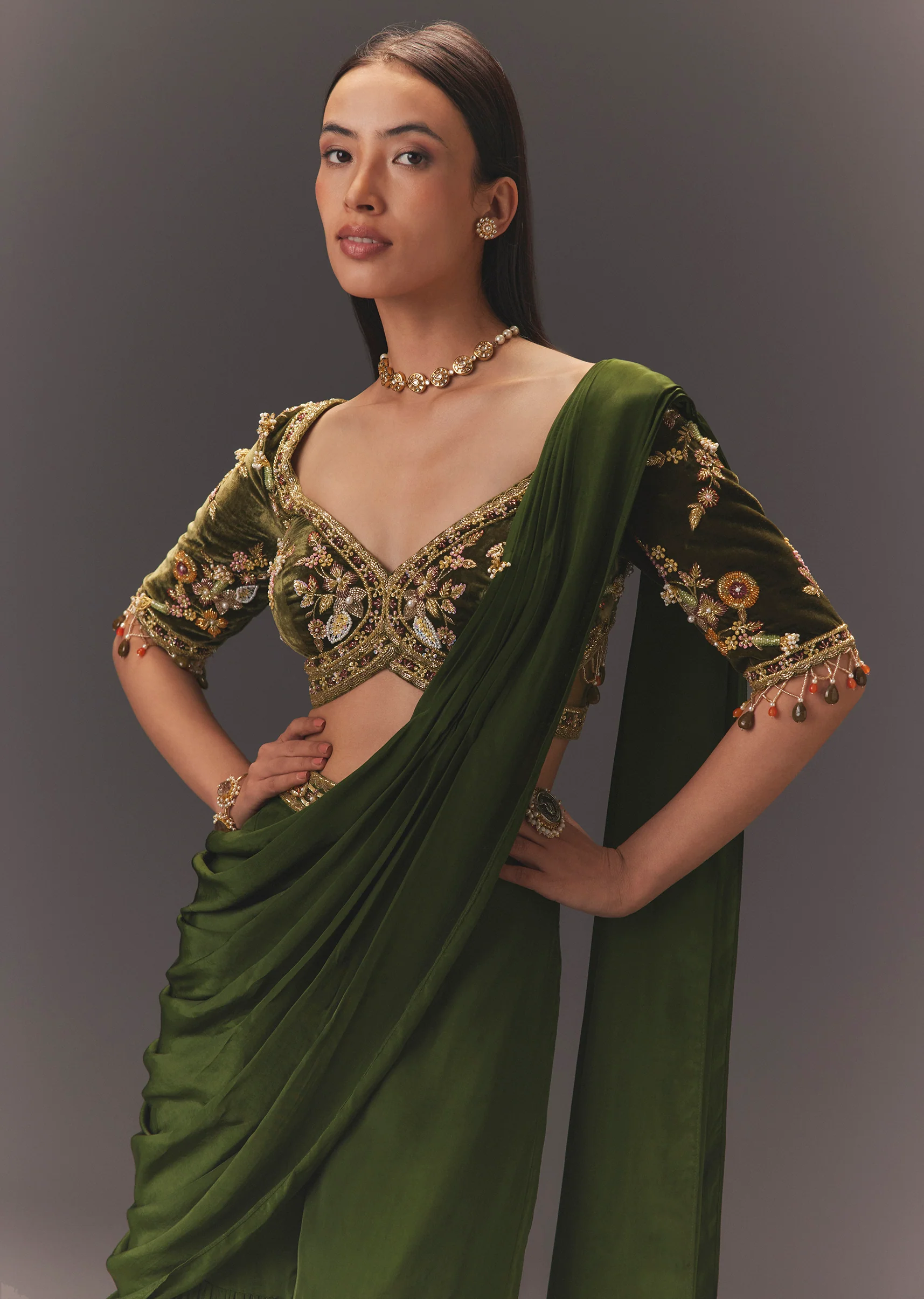 Coordinated Festive Couple Set – Seaweed Green Hand-Embroidered Draped Pallu Sharara for Her And Green Cotton Kurta Set with Embroidered Pocket & Collar for Him - Image 2