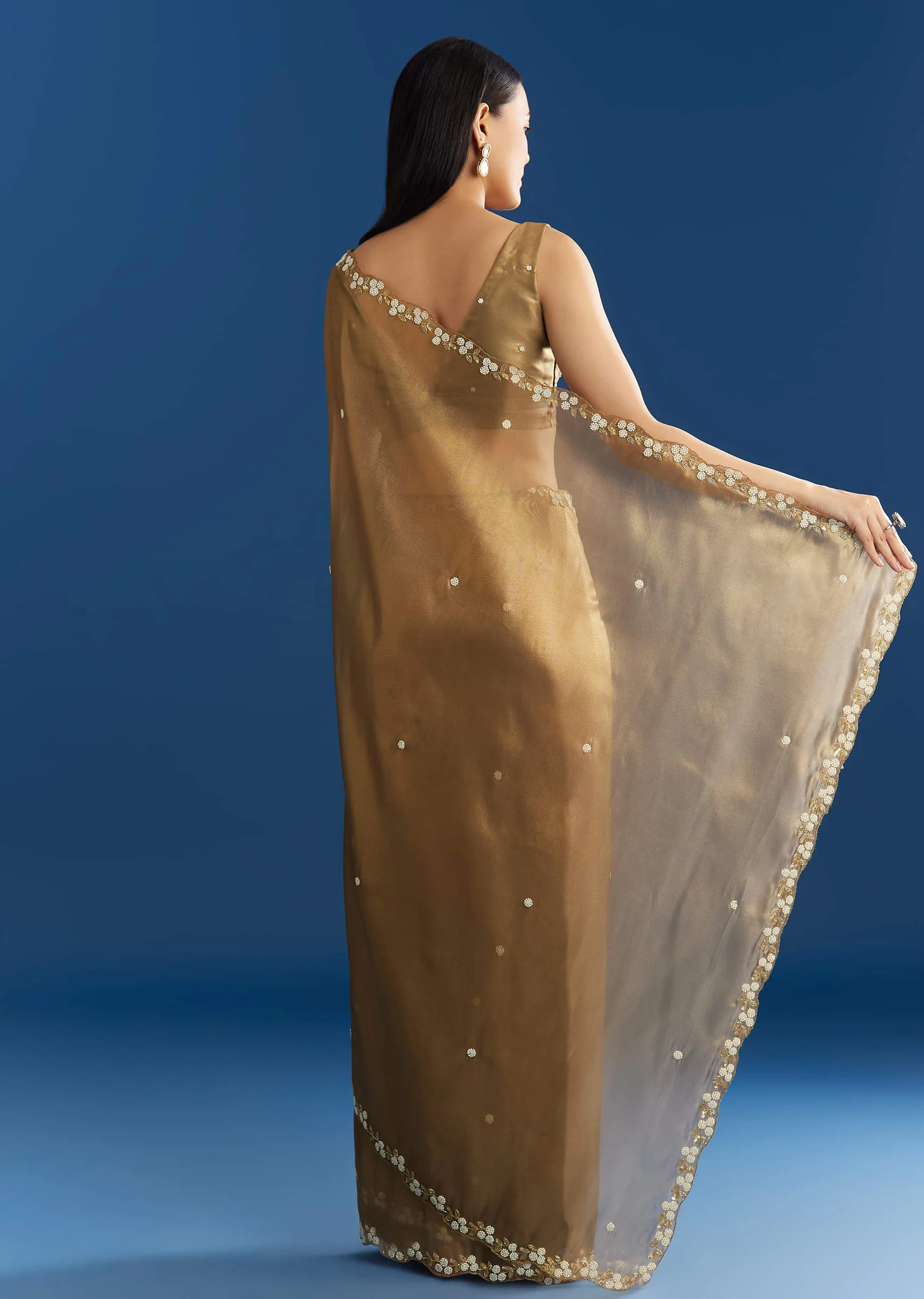 Copper Brown Organza Tissue Saree With Beaded Border - Image 6