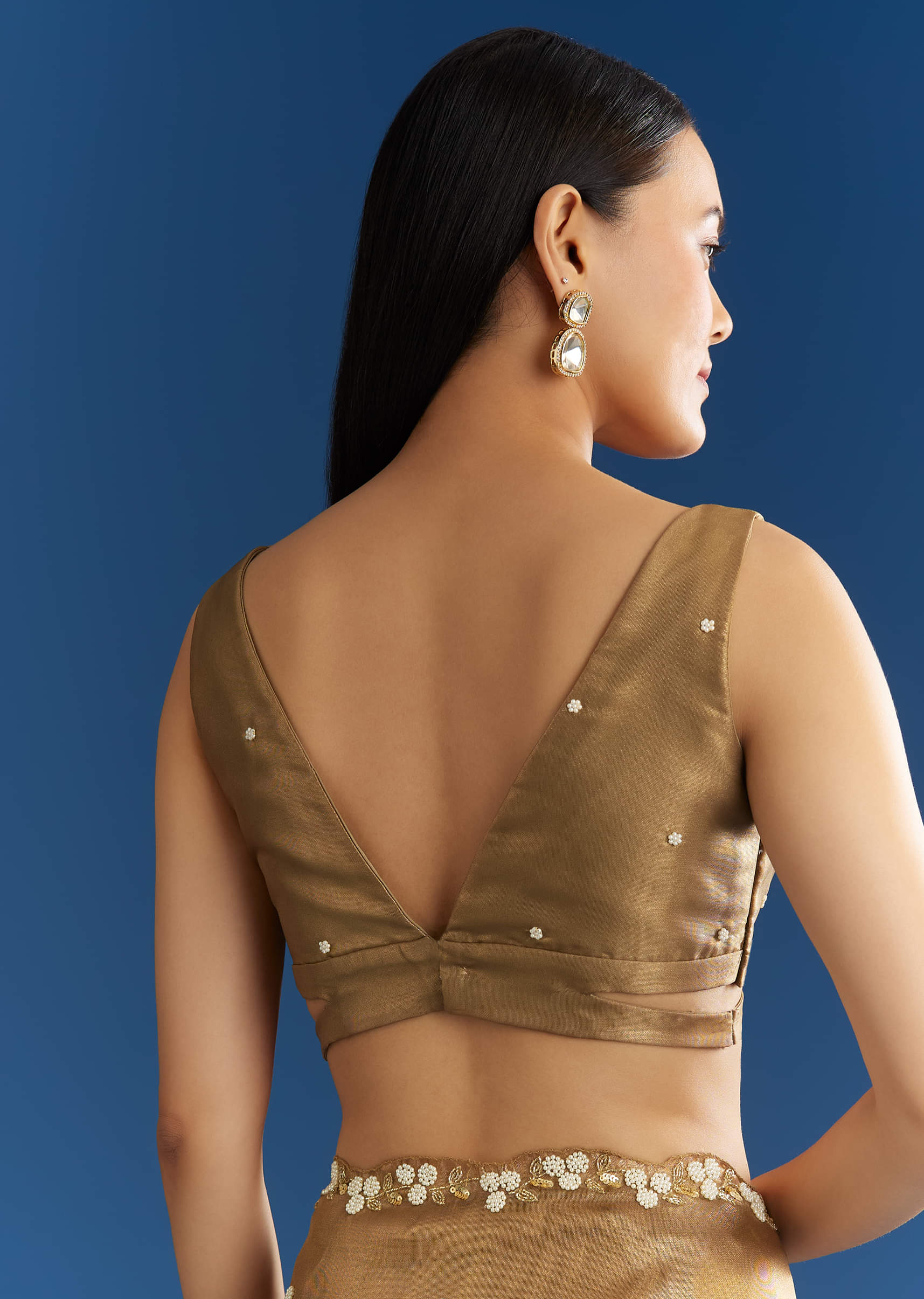 Copper Brown Organza Tissue Saree With Beaded Border - Image 8