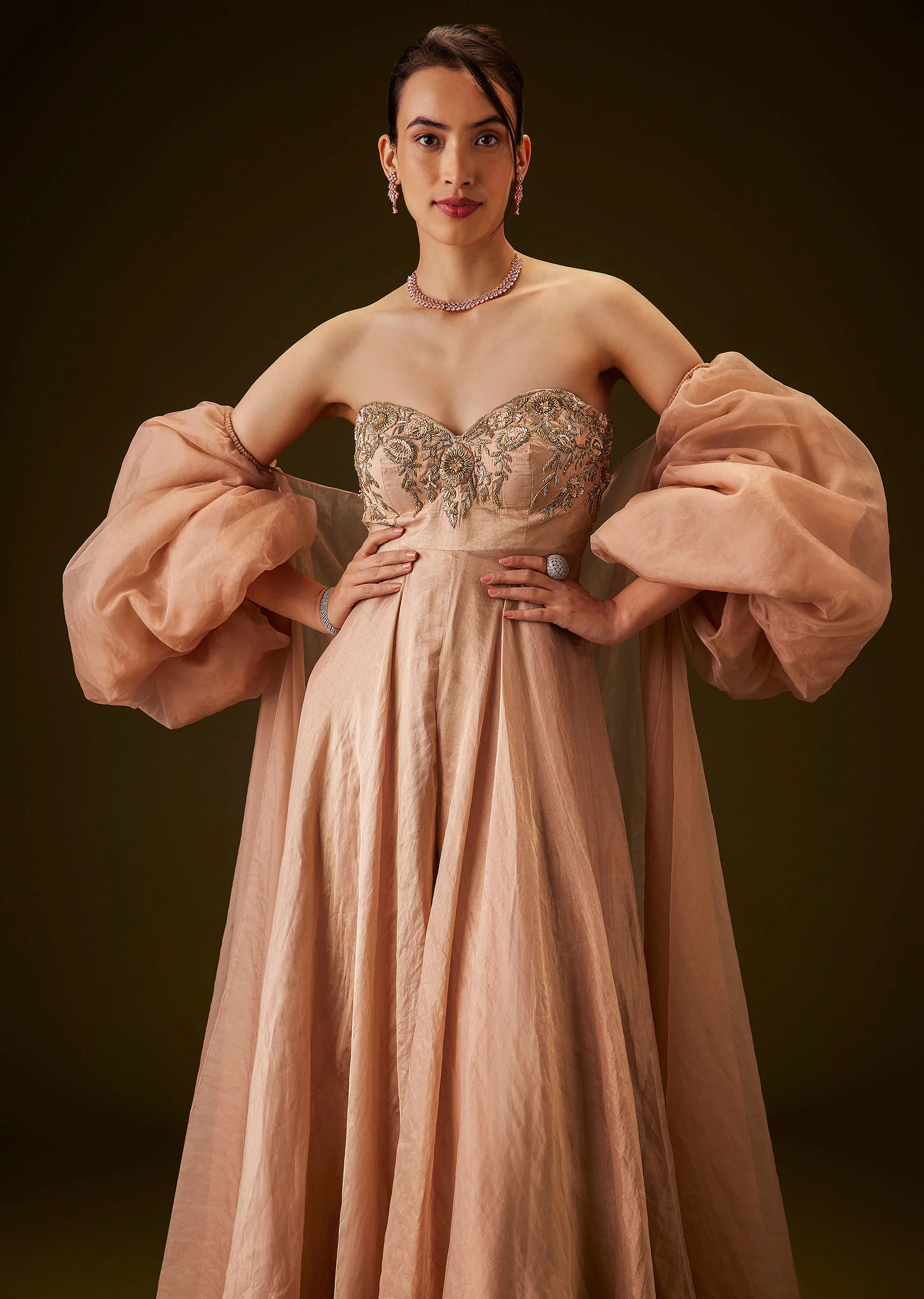 Copper Embroidered Bodice Jumpsuit With Puff Sleeve Jacket - Image 3