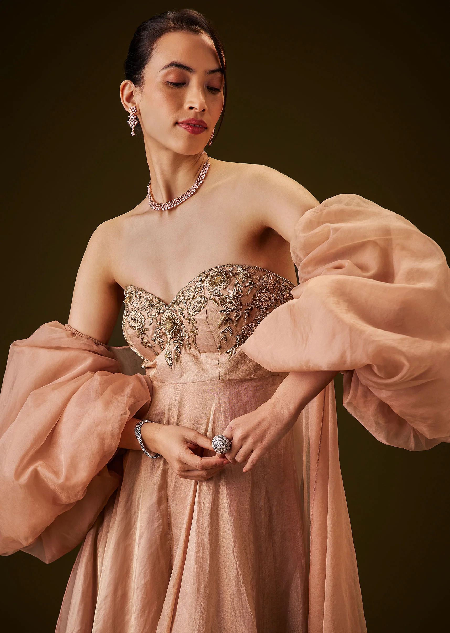 Copper Embroidered Bodice Jumpsuit With Puff Sleeve Jacket - Image 4