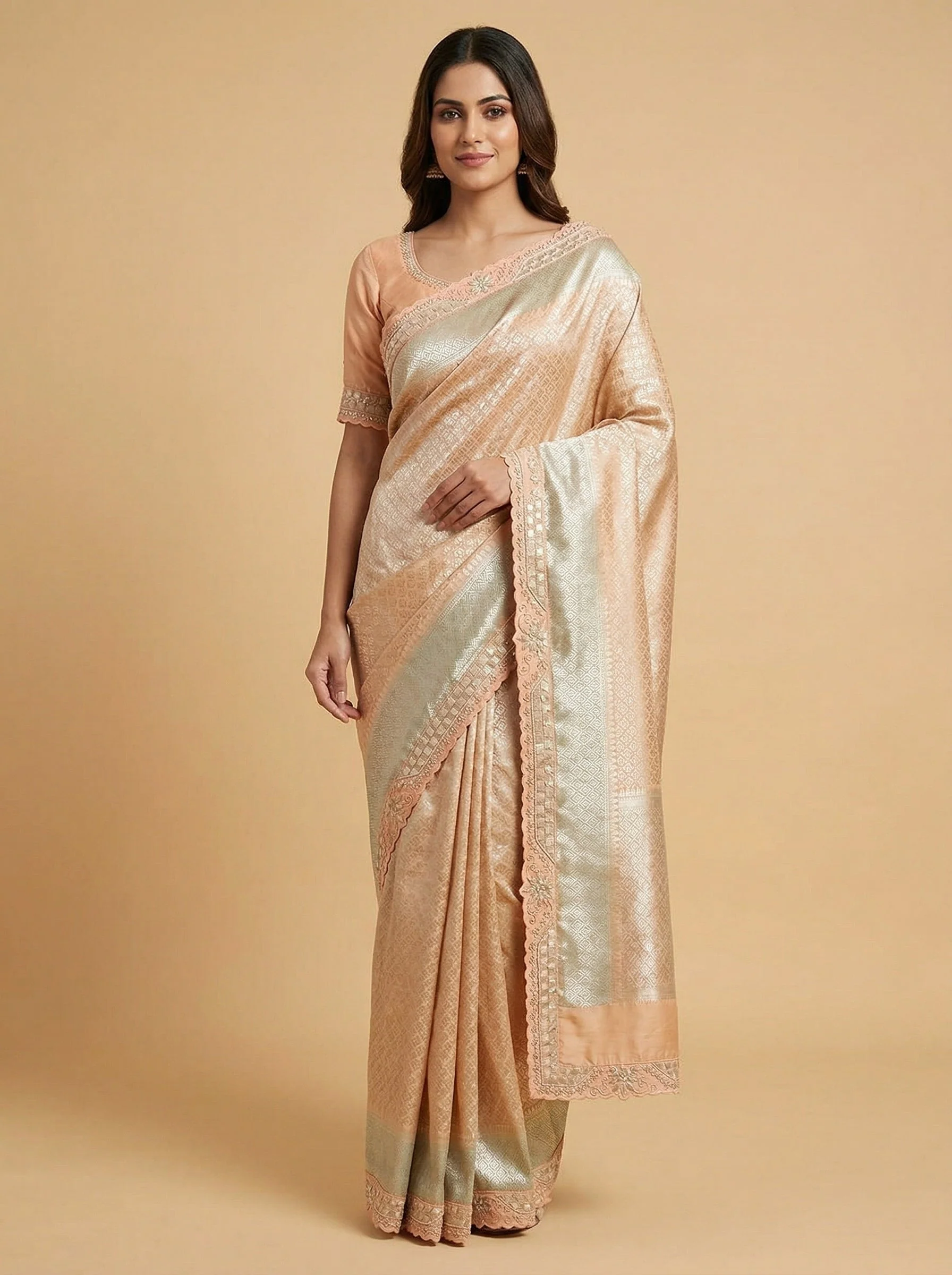 Copper Orange Grey Embroidered Saree