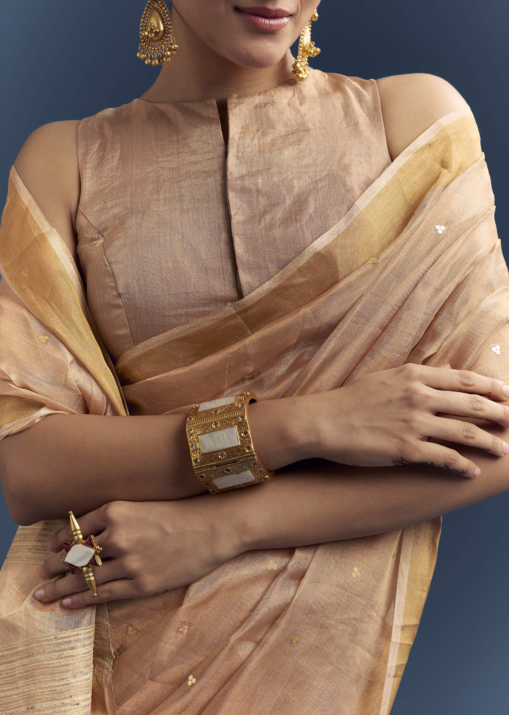 Copper Tissue Organza Woven Saree With Golden Zari Work - Image 2
