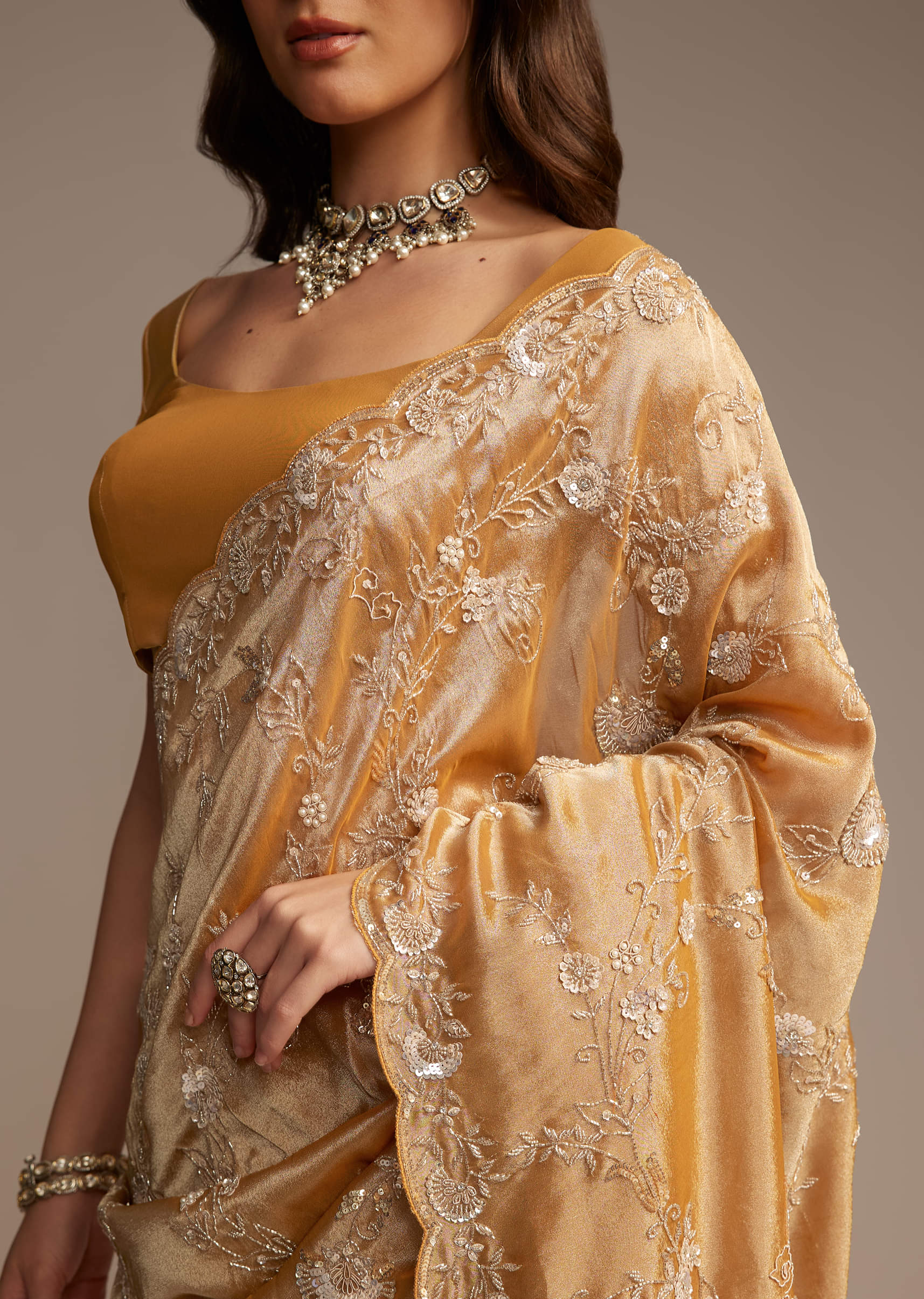 Copper Tissue Saree with Heavy Floral Embroidery - Image 2