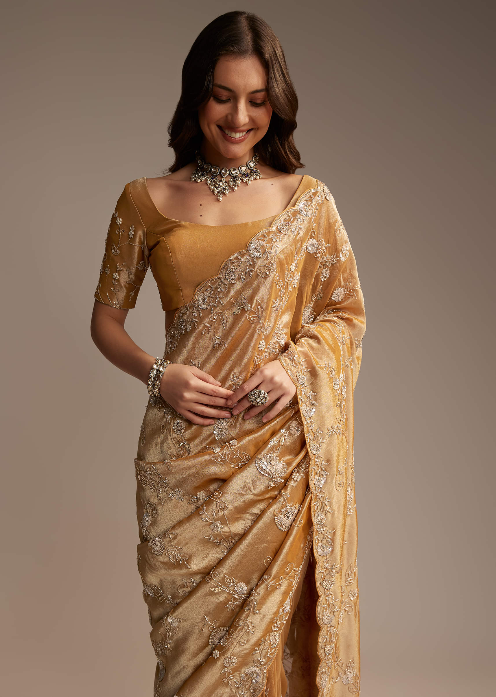 Copper Tissue Saree with Heavy Floral Embroidery - Image 4