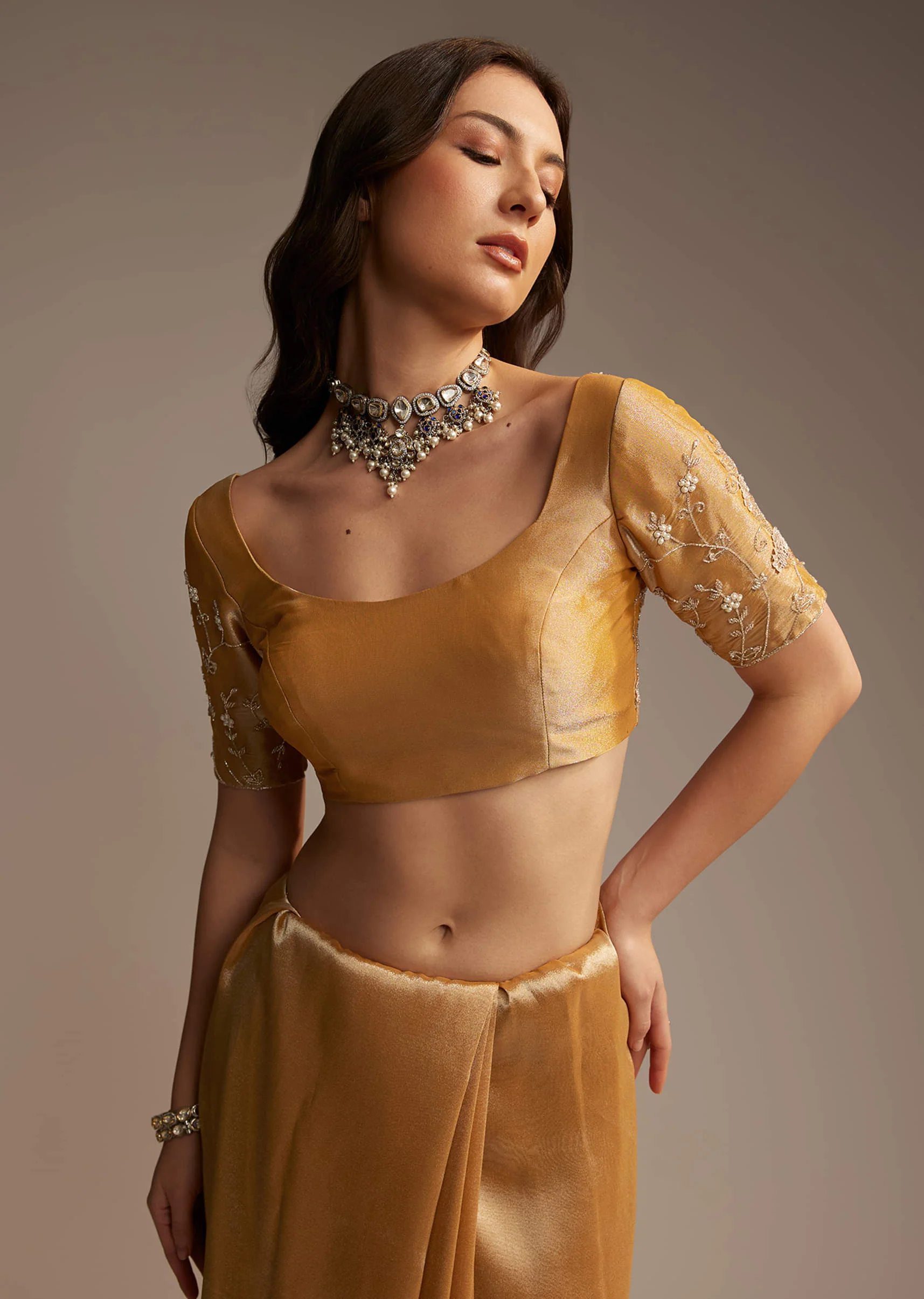 Copper Tissue Saree with Heavy Floral Embroidery - Image 6