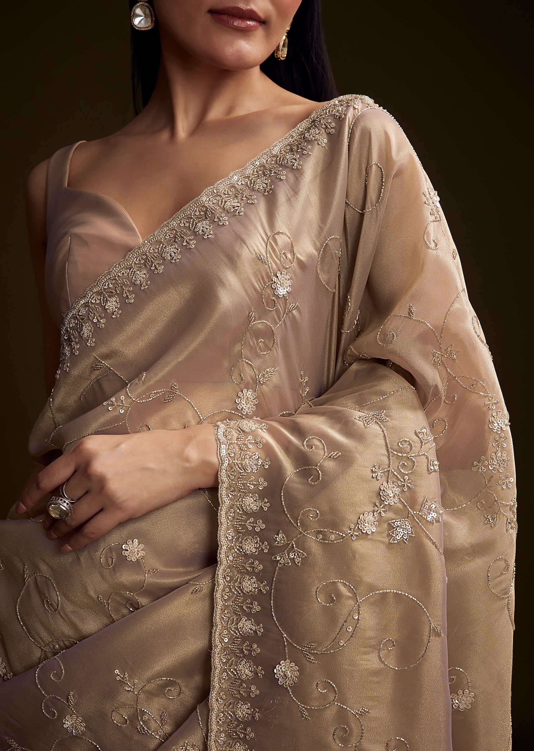 Copper Tissue Saree With Heavy Floral Hand Embroidery - Image 2