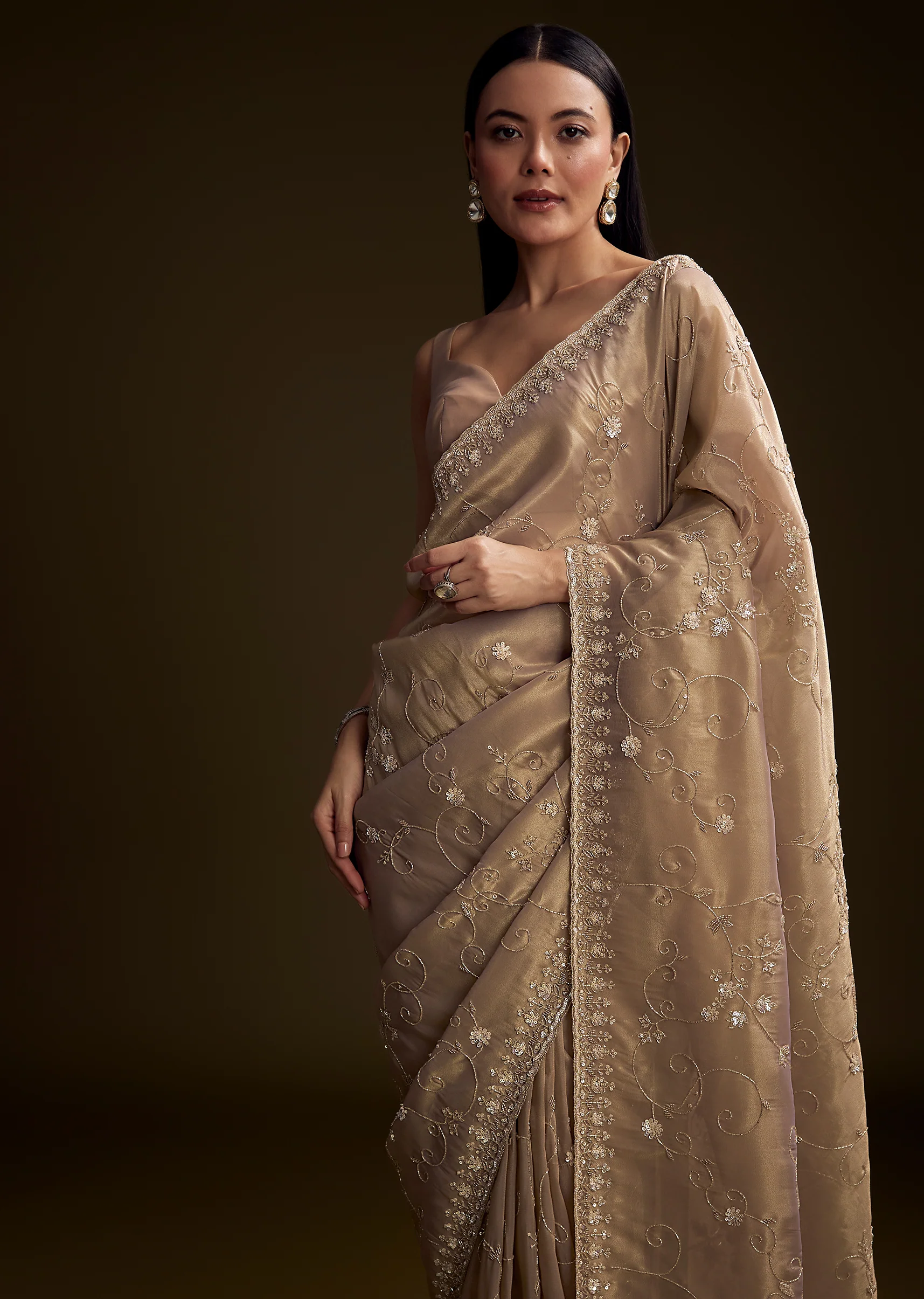 Copper Tissue Saree With Heavy Floral Hand Embroidery - Image 4