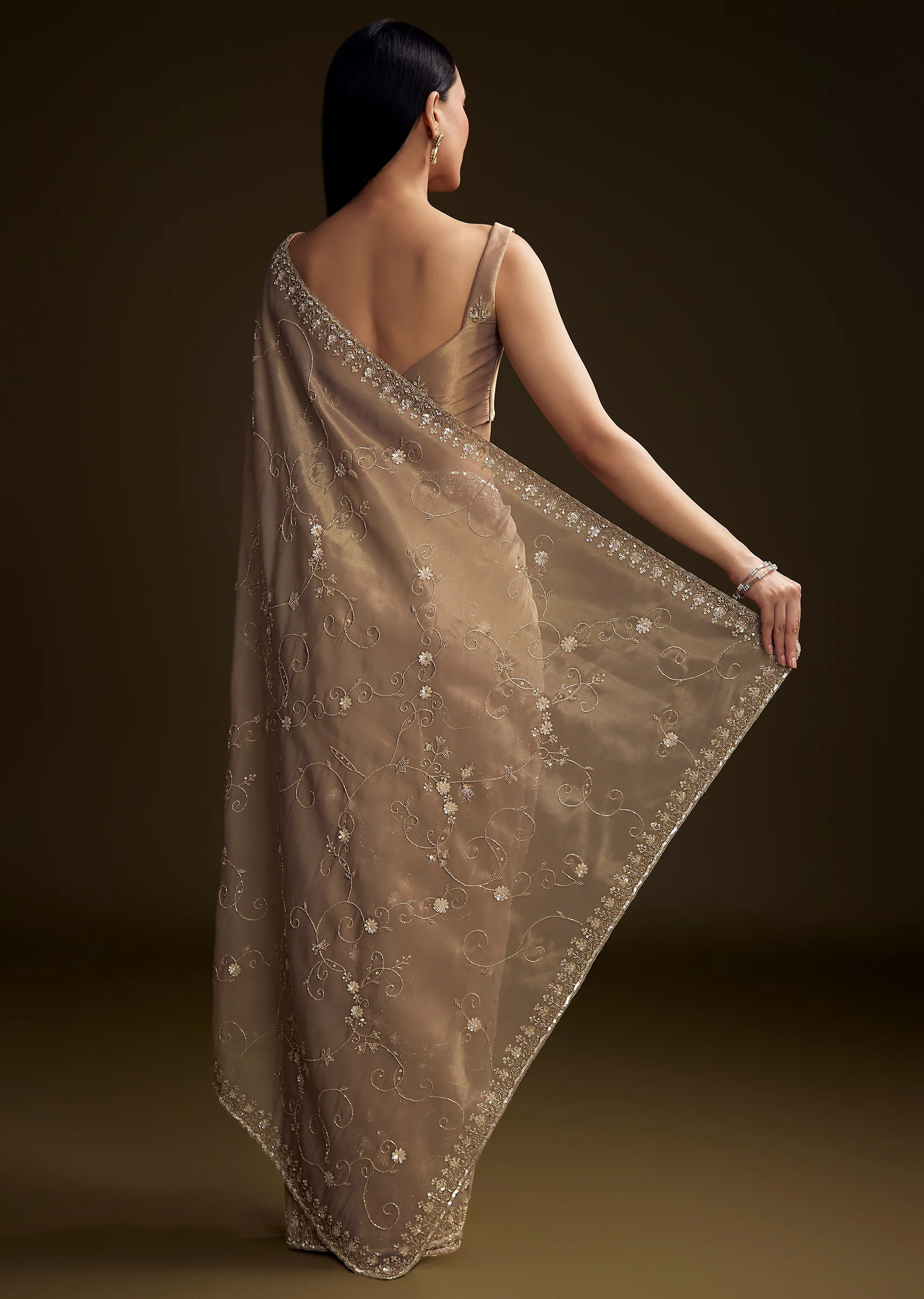 Copper Tissue Saree With Heavy Floral Hand Embroidery - Image 5
