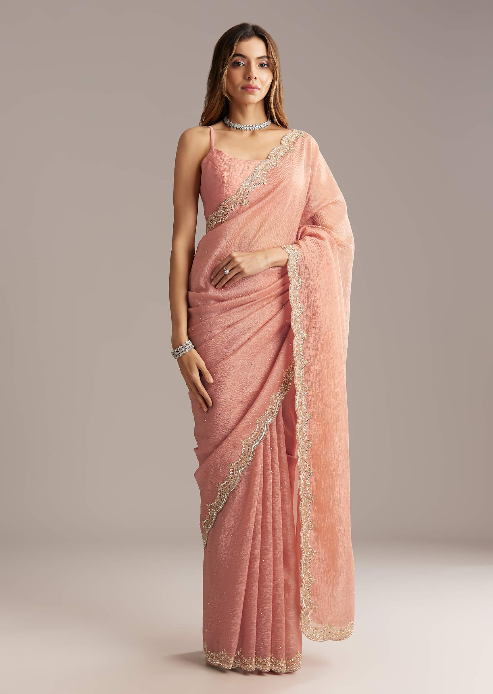 Copper Tissue Saree With Scallop Border And Sequin Embroidery - Image 4