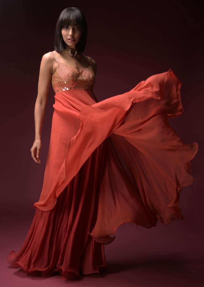 Coral Anarkali Suit With Geometric Shaped Mirror Accented Bodice And Fun Layered Hemline - Image 3