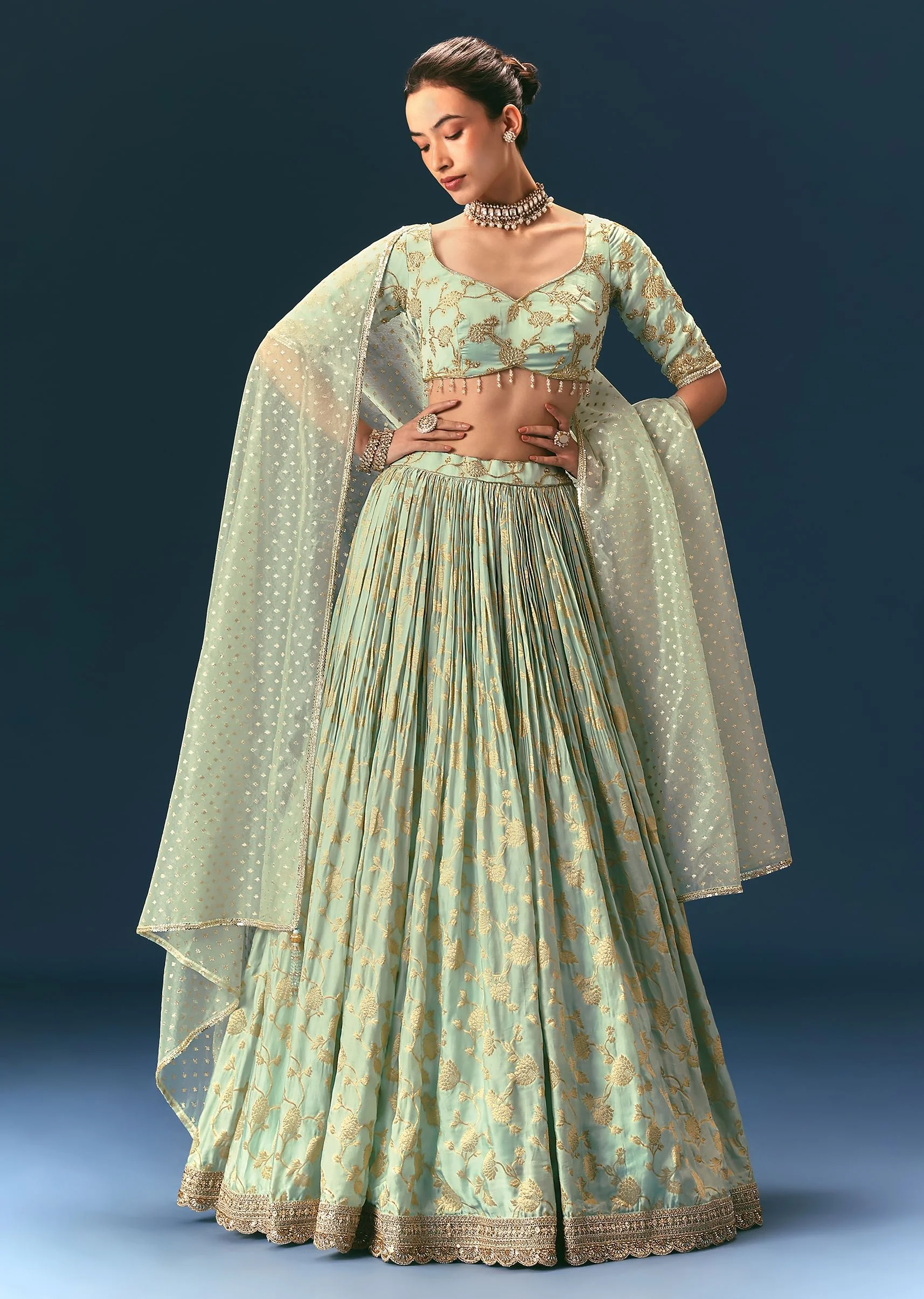 Coral Green Hand Embellished Lehenga Set In Organza Satin